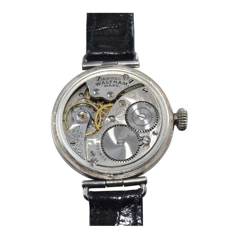 Waltham Silver Campaign Style Manual Wristwatch from 1918 with Enamel Dial For Sale 2