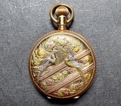 Waltham Solid 14K Multicolor Gold Bird Hunter Case Pocket Watch And Chain