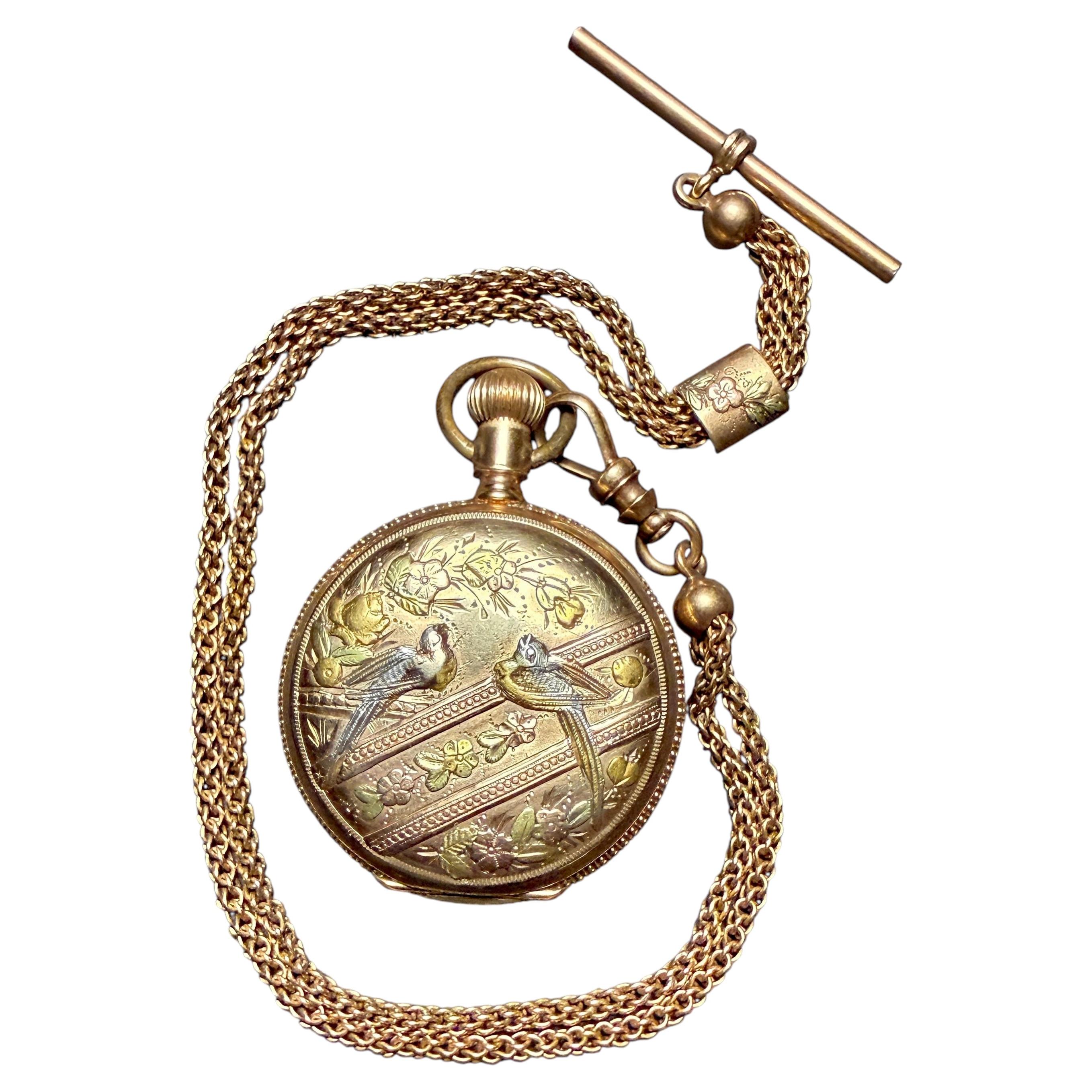 Waltham Solid 14K Multicolor Gold Bird Hunter Case Pocket Watch And Chain For Sale