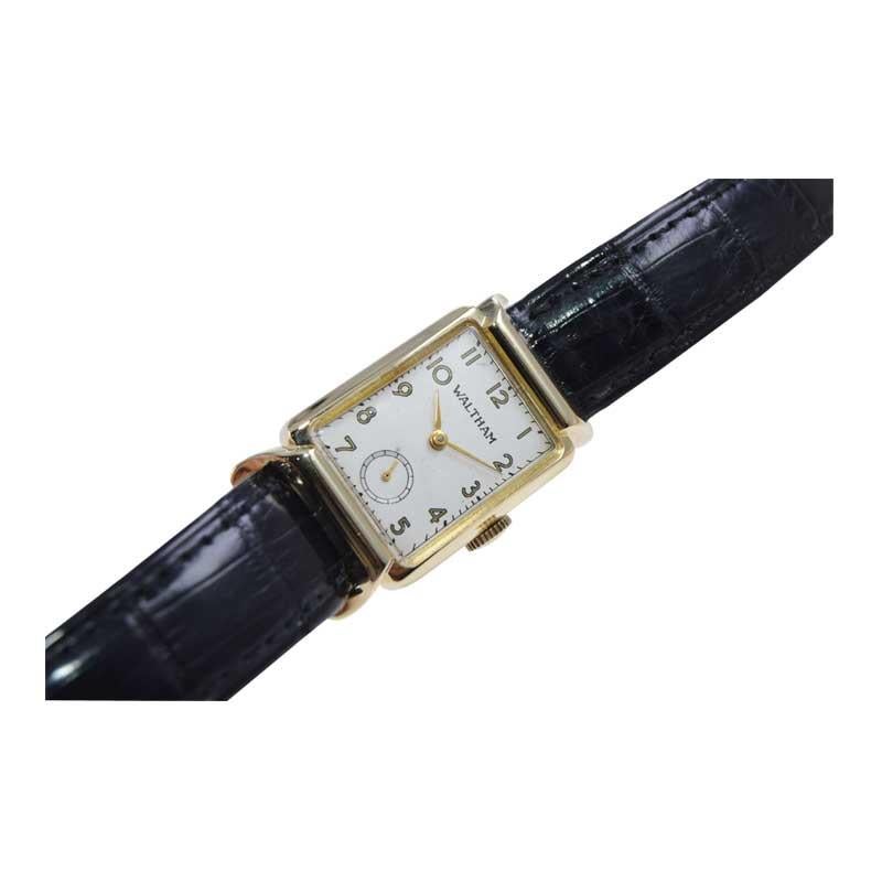 Women's or Men's Waltham Solid Gold Art Deco Tank Style Watch Hand Made from 1940's For Sale