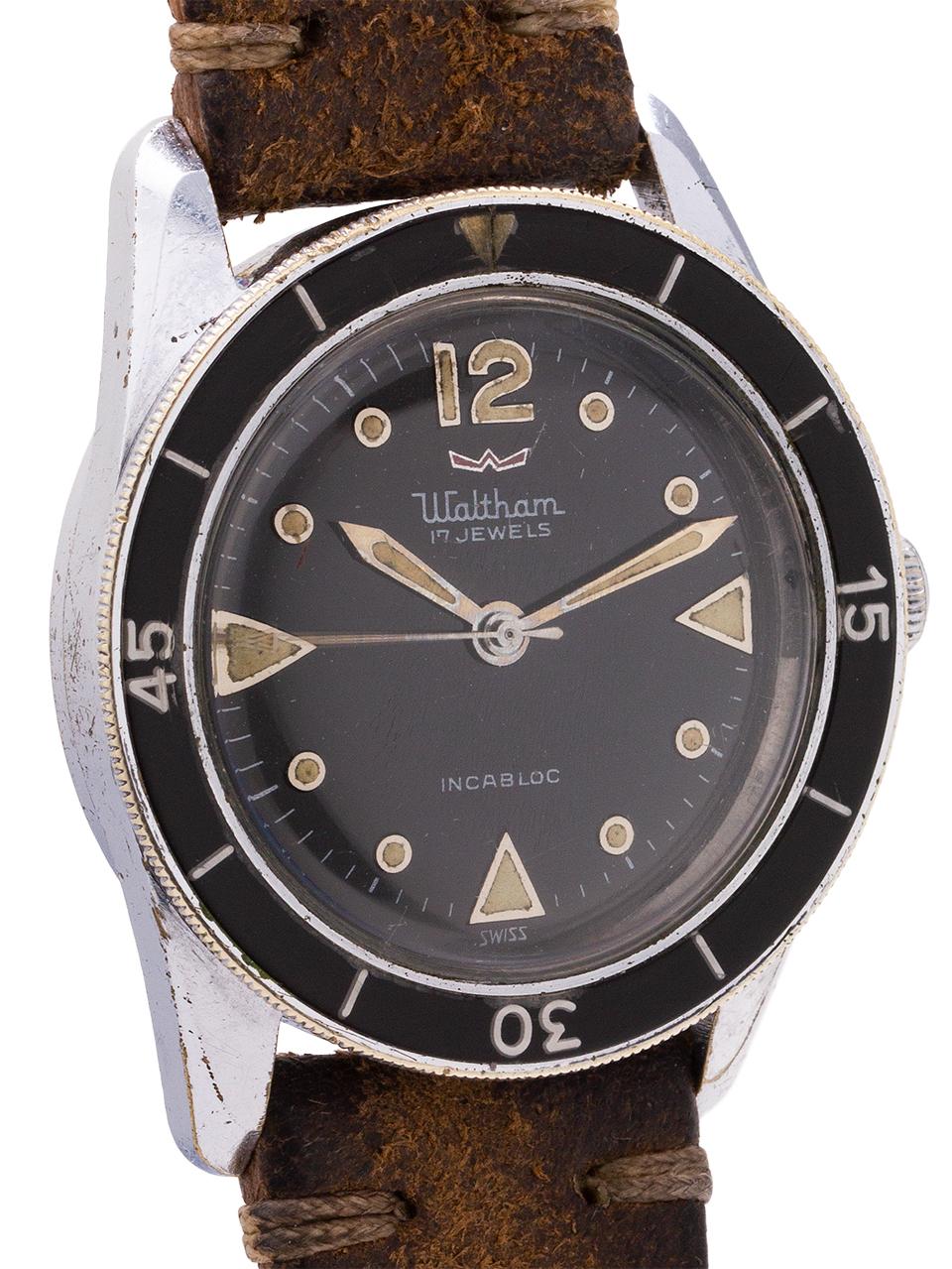 
An incredibly rare Waltham Incabloc, the American version of the famous Blancpain Bathyscaphe. Featuring a 36mm case with stainless steel screw down case back and with black bakelite elapsed time bezel. Featuring a beautiful condition original