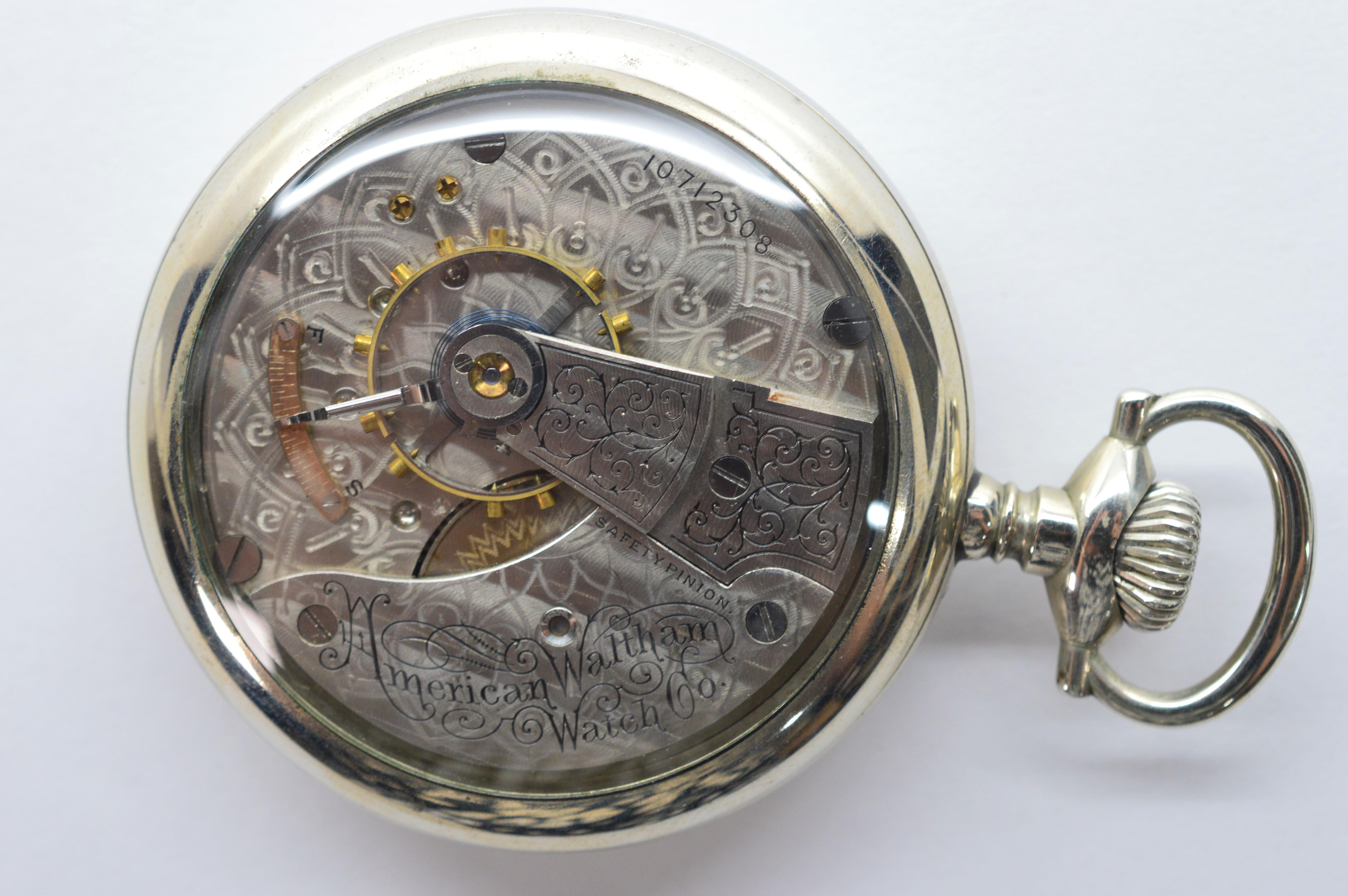 Waltham Watch Company Steel Pocket Watch with Display Back In Excellent Condition In Mount Kisco, NY