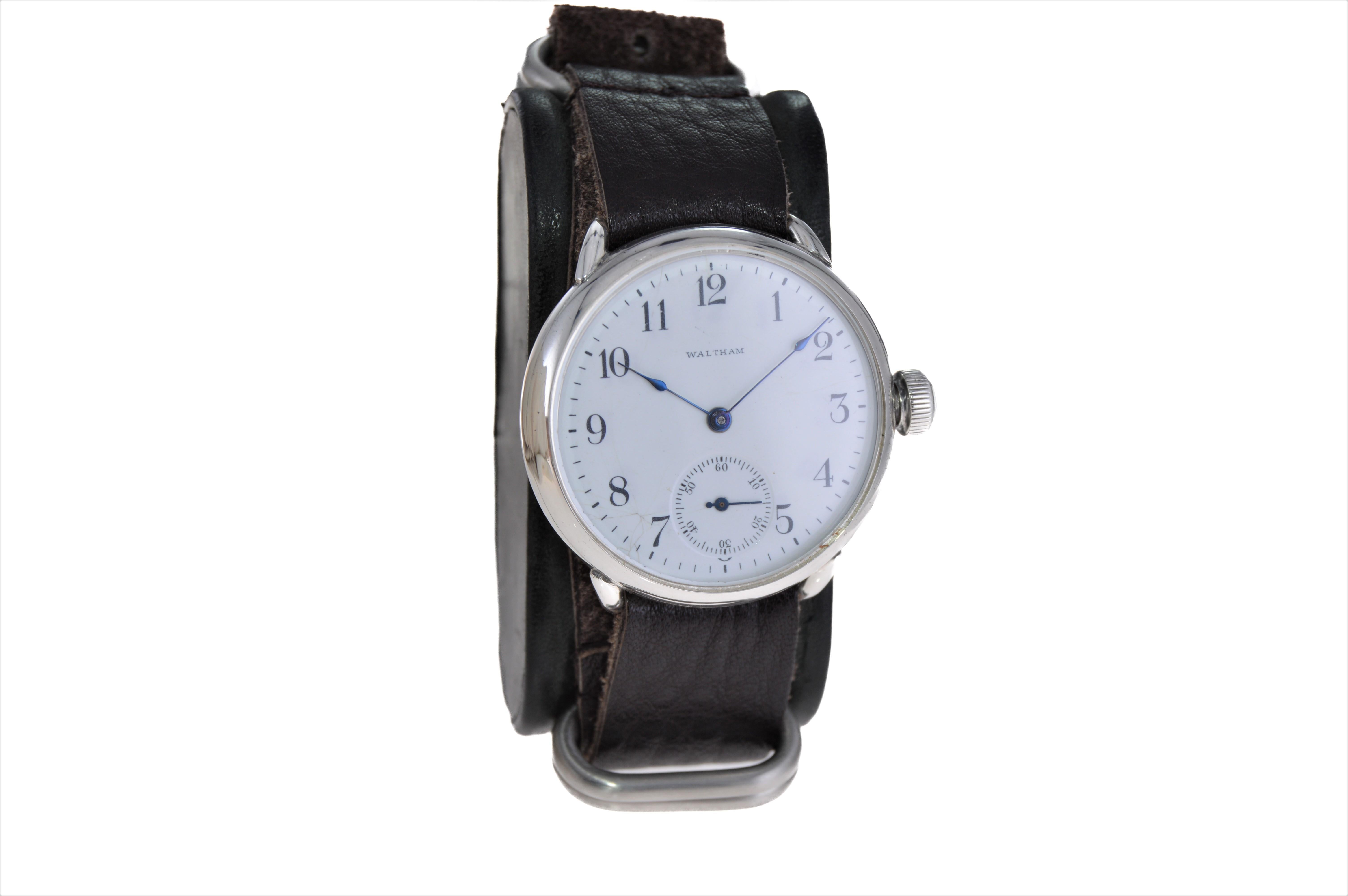 FACTORY / HOUSE: American Waltham Watch Company
STYLE / REFERENCE: Campaign Style / Trench Watch
METAL / MATERIAL: Sterling Silver
CIRCA / YEAR: 1901
DIMENSIONS / SIZE: 41mm Length X 38mm Diameter
MOVEMENT / CALIBER: Manual Winding / 15 Jewels /