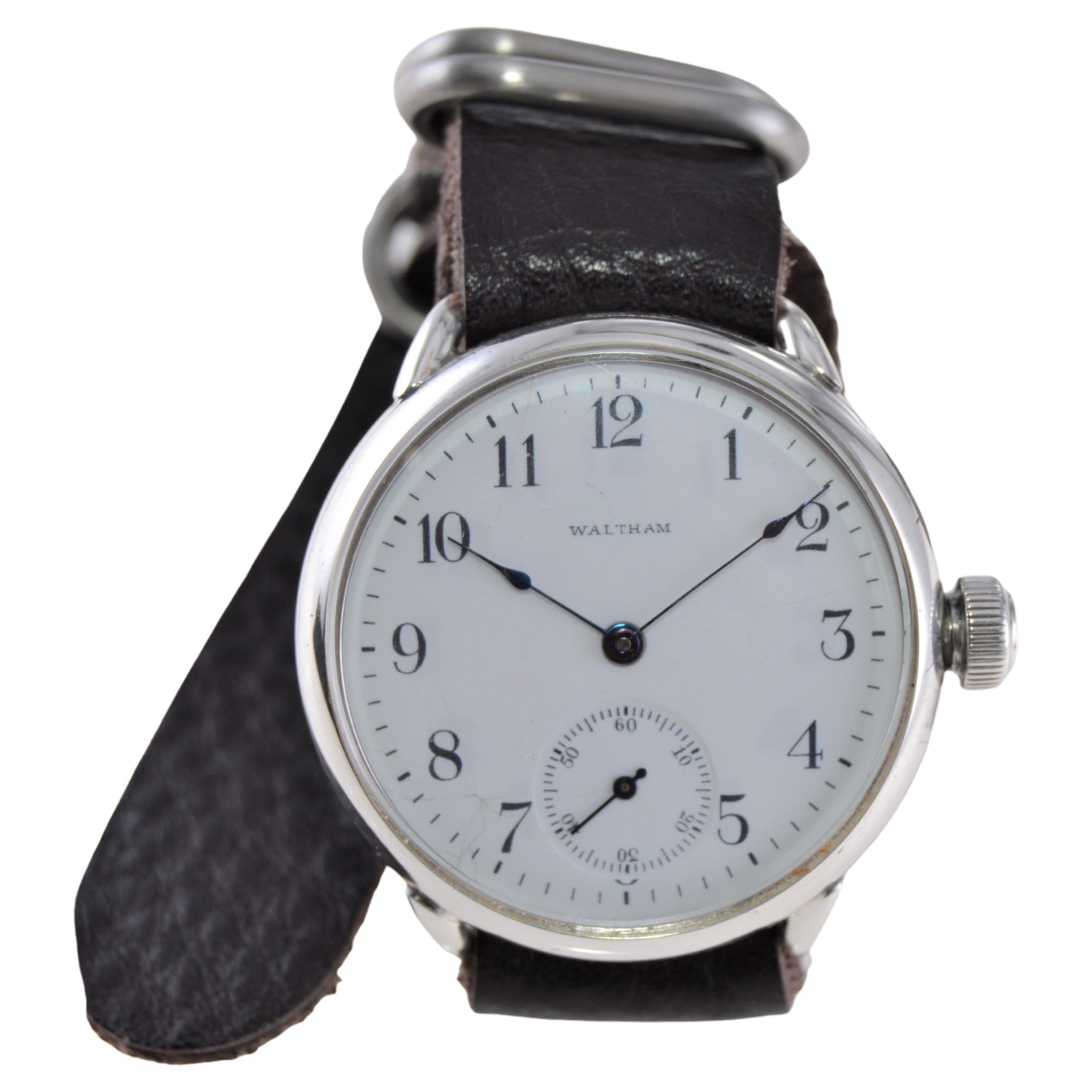 Waltham Sterling Silver Campaign Style Watch from 1901 with Original Enamel Dial In Excellent Condition In Long Beach, CA