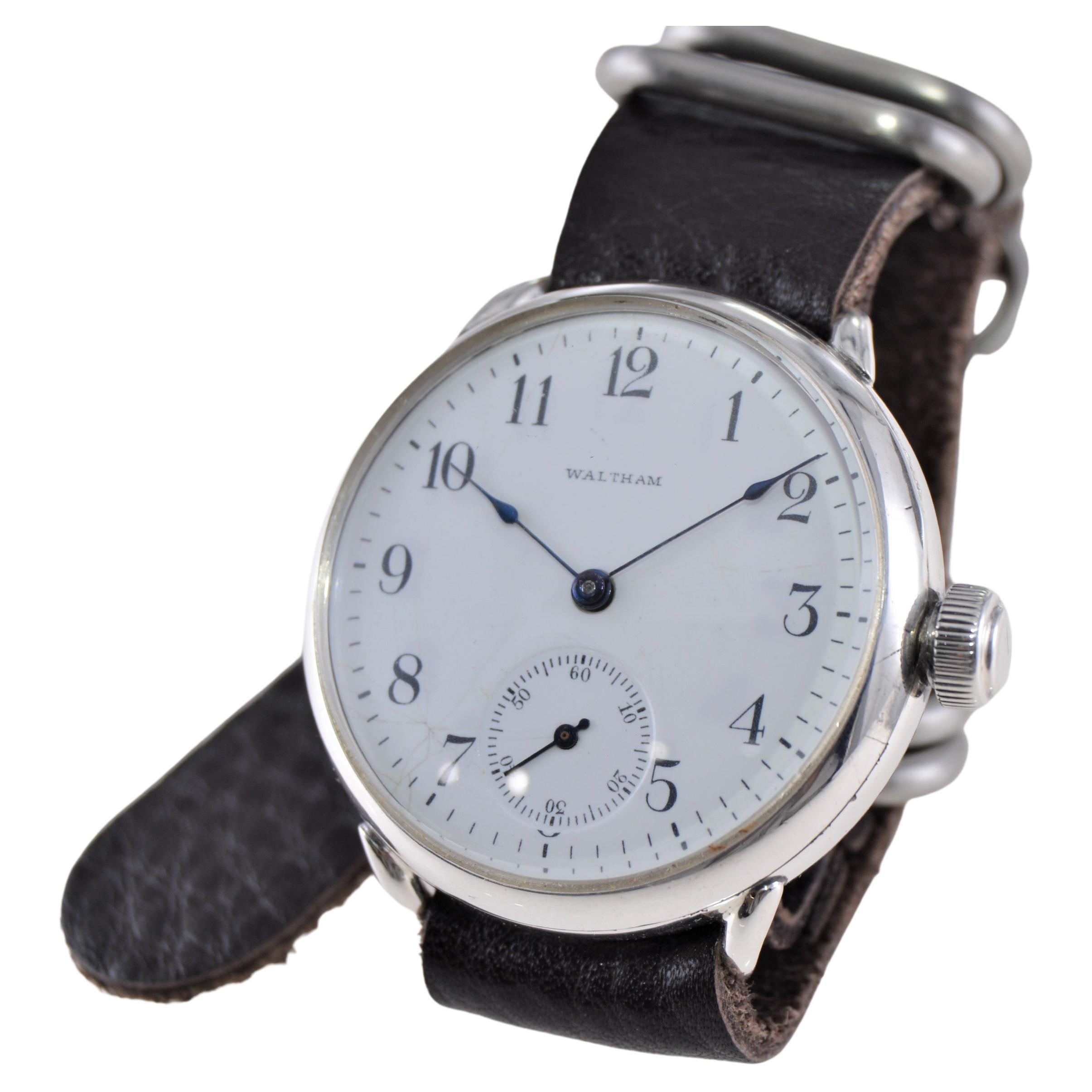 Women's or Men's Waltham Sterling Silver Campaign Style Watch from 1901 with Original Enamel Dial