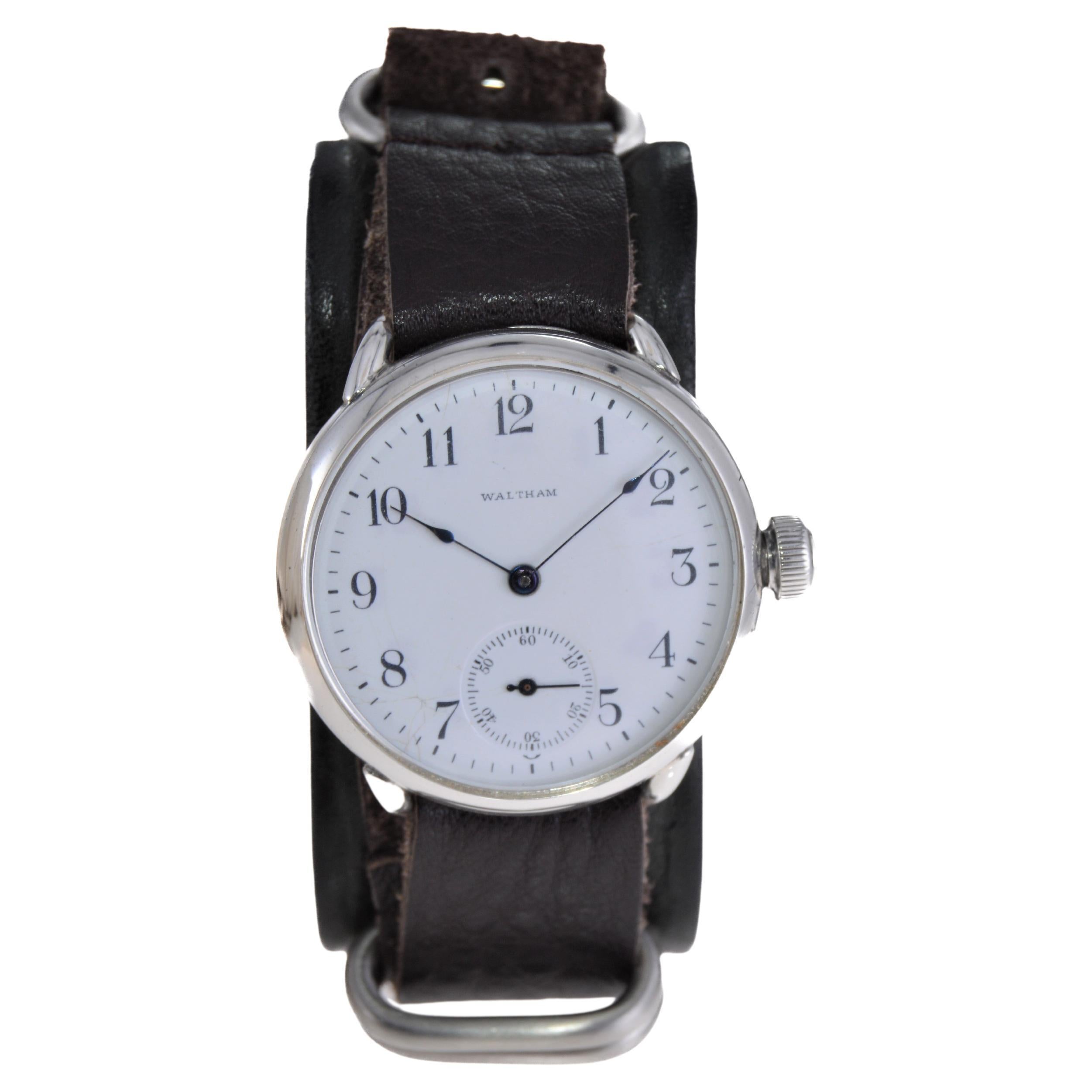 Waltham Sterling Silver Campaign Style Watch from 1901 with Original Enamel Dial