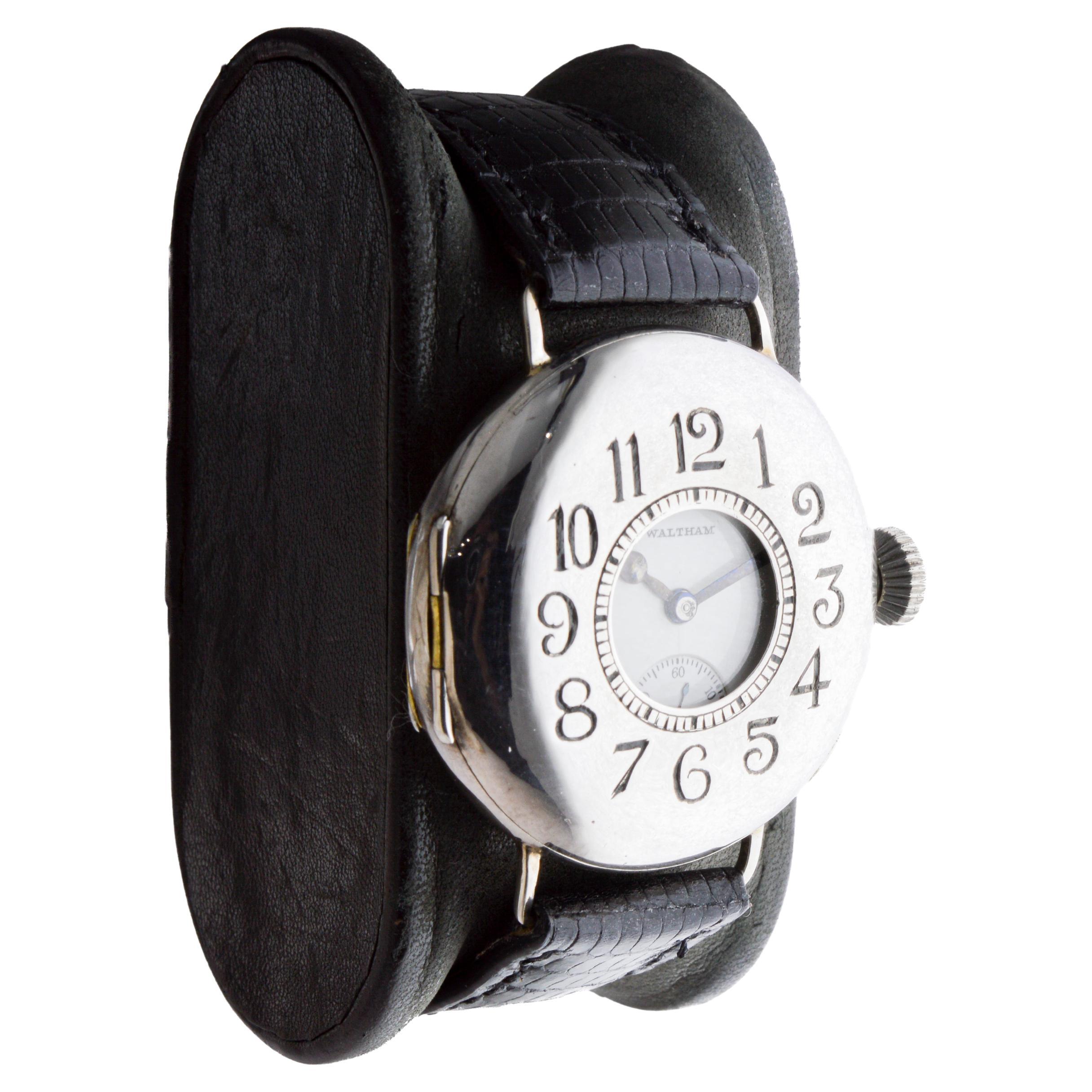FACTORY / HOUSE: Waltham Watch Company
STYLE / REFERENCE: Trench watch / Campaign Style 
METAL / MATERIAL: Sterling Silver
CIRCA / YEAR: 1914
DIMENSIONS / SIZE: Length 40mm X Diameter 35mm
MOVEMENT / CALIBER: Manual Winding / 15 Jewels / P.S.