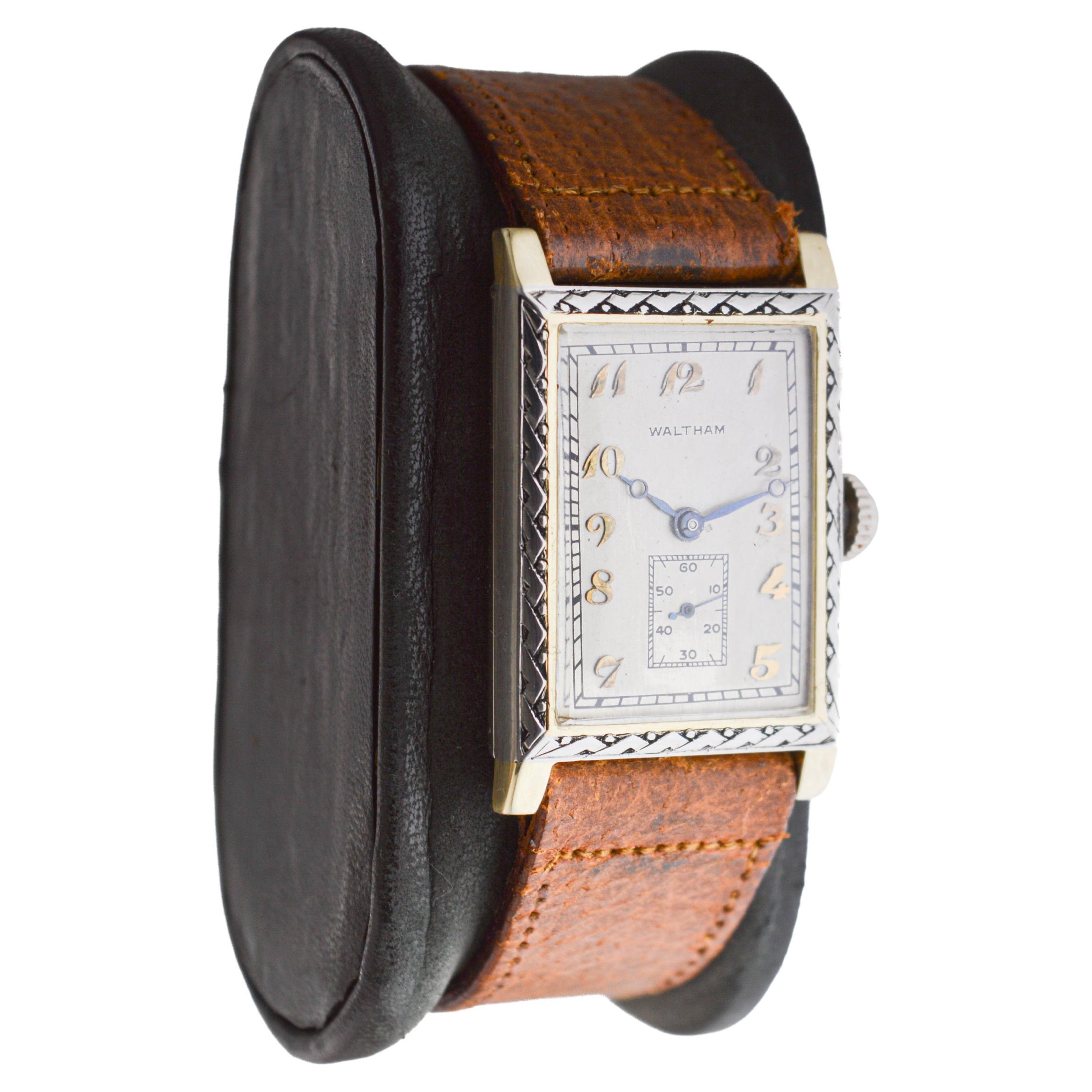Waltham Two Tone 14Kt. Solid Gold Rectangle Art Deco Watch circa 1927 For Sale 6