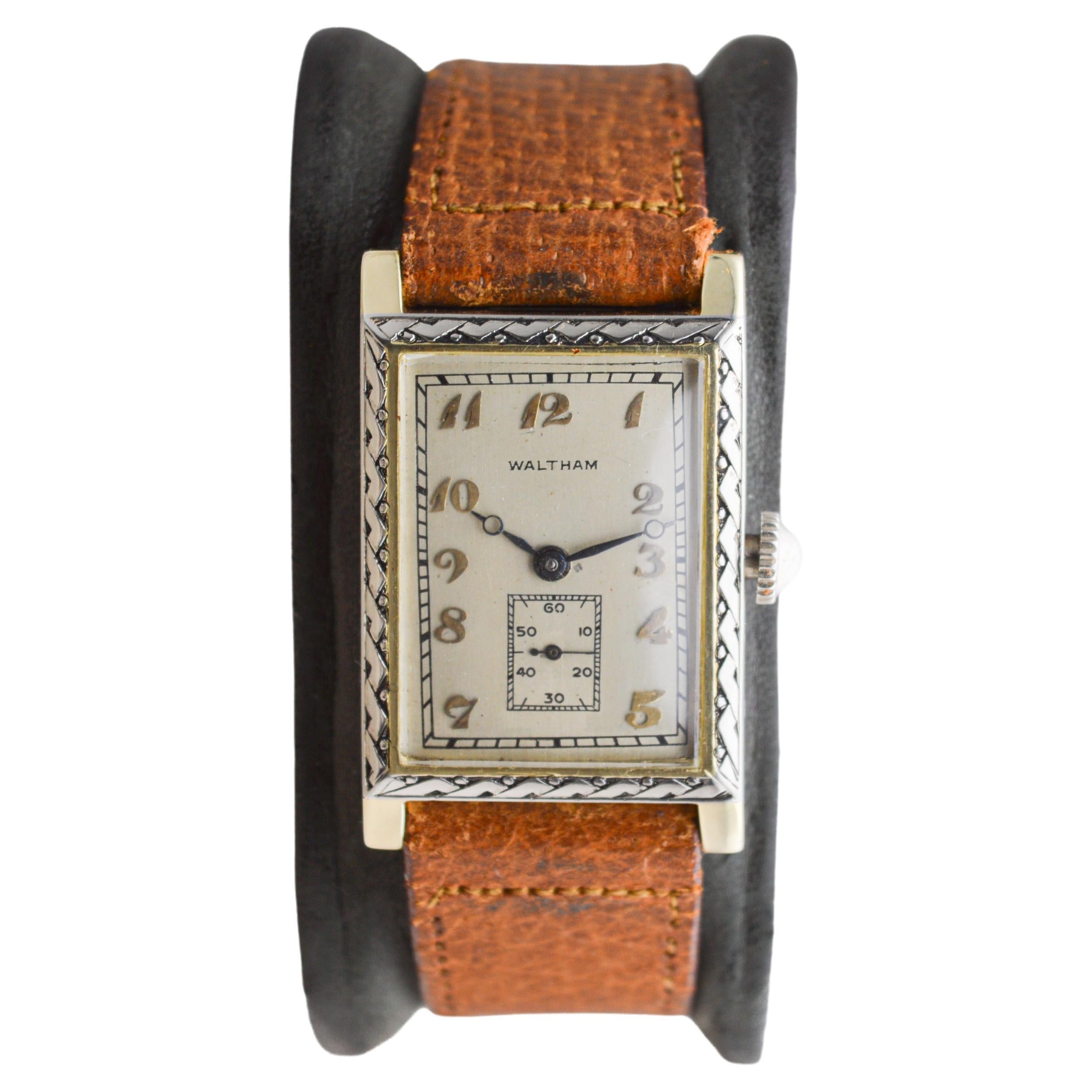 Waltham Two Tone 14Kt. Solid Gold Rectangle Art Deco Watch circa 1927 For Sale 7