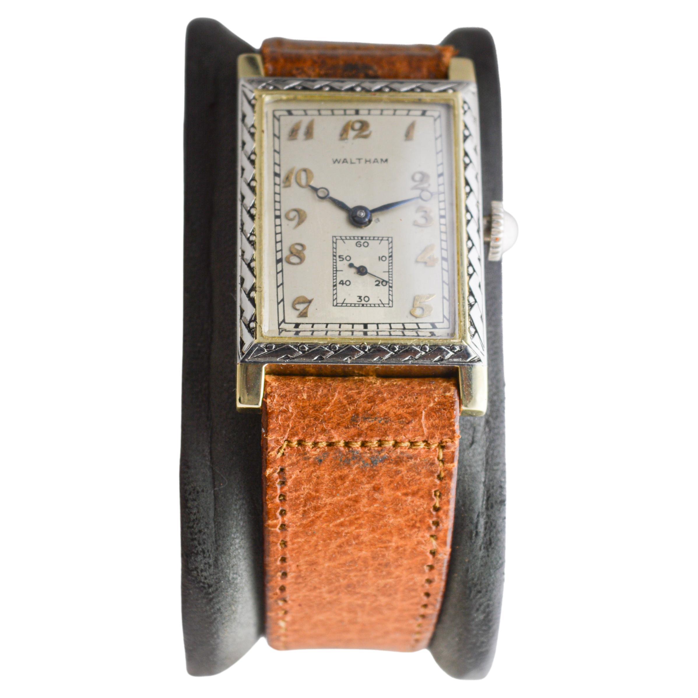 Waltham Two Tone 14Kt. Solid Gold Rectangle Art Deco Watch circa 1927 For Sale 8