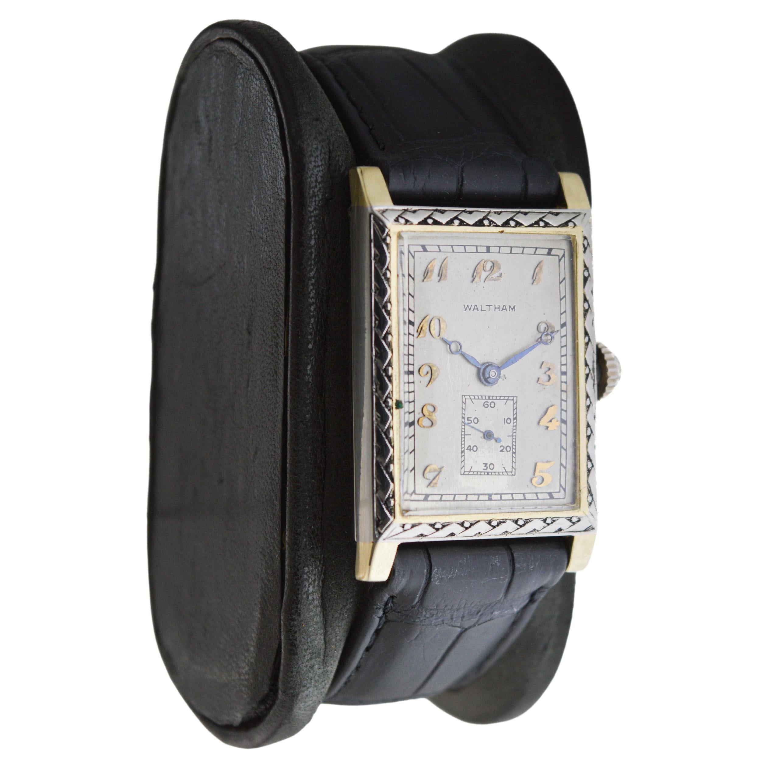 Waltham Two Tone 14Kt. Solid Gold Rectangle Art Deco Watch circa 1927 In Excellent Condition For Sale In Long Beach, CA