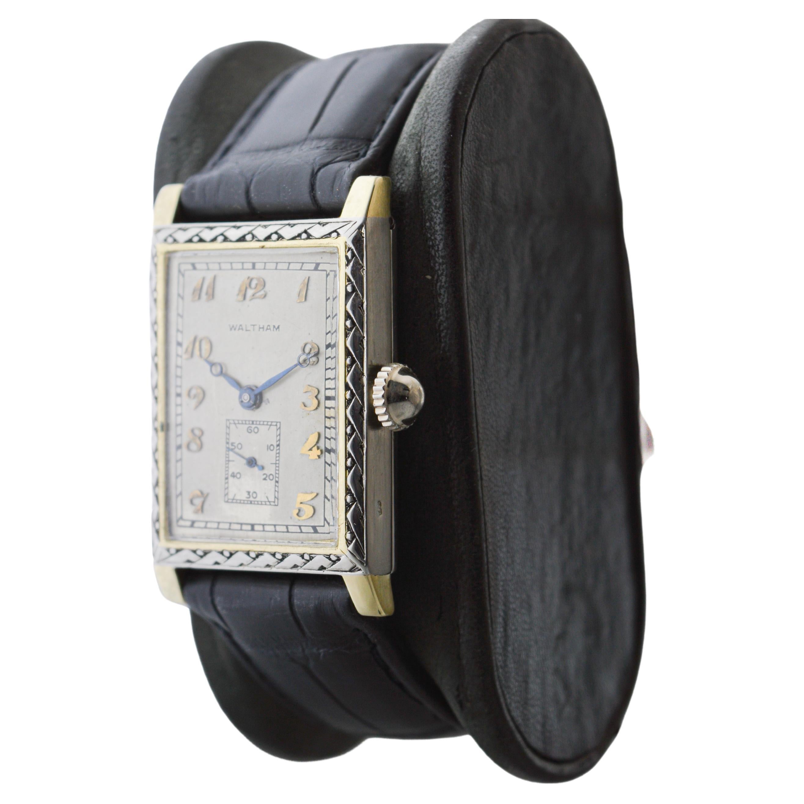 Waltham Two Tone 14Kt. Solid Gold Rectangle Art Deco Watch circa 1927 For Sale 1