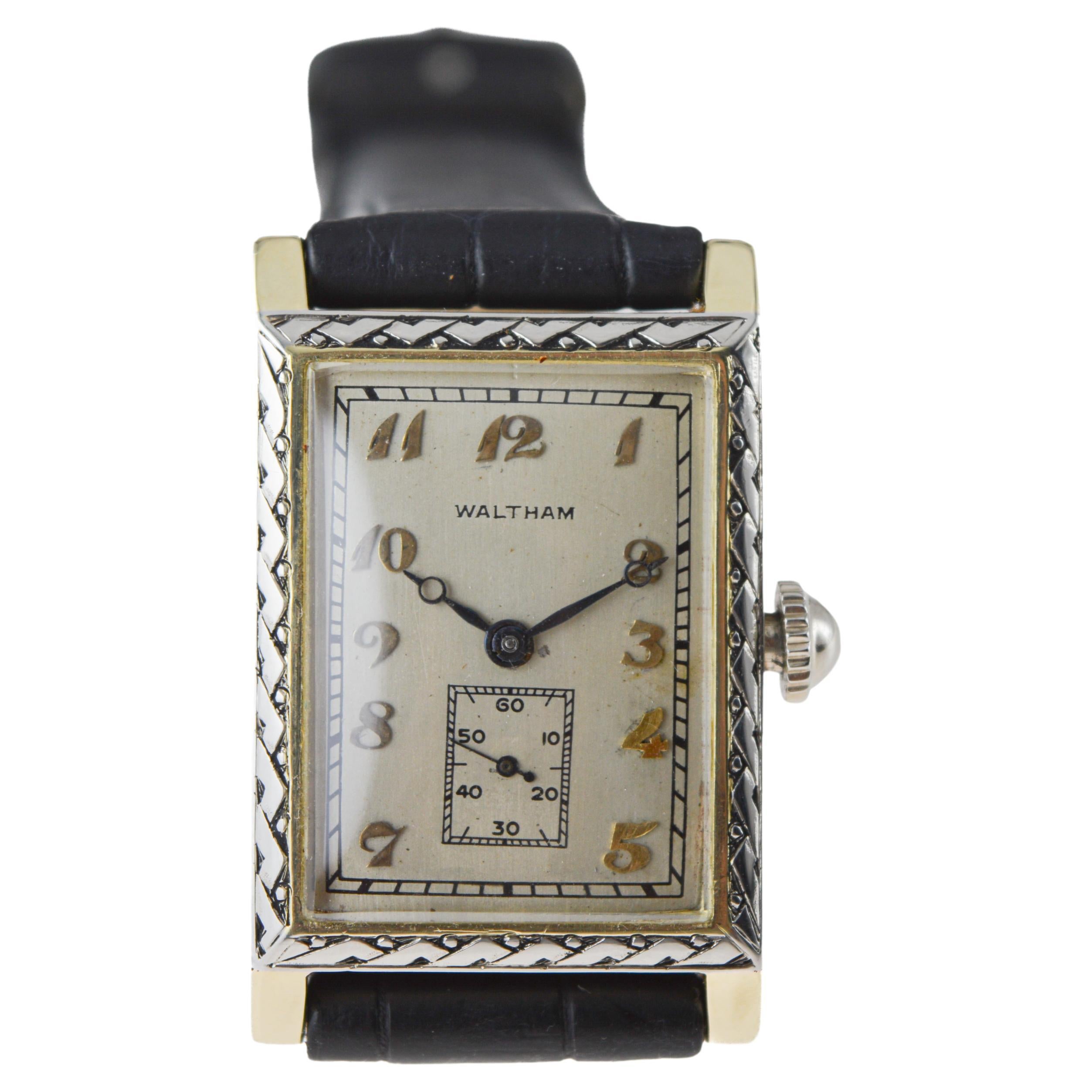 Waltham Two Tone 14Kt. Solid Gold Rectangle Art Deco Watch circa 1927 For Sale 3