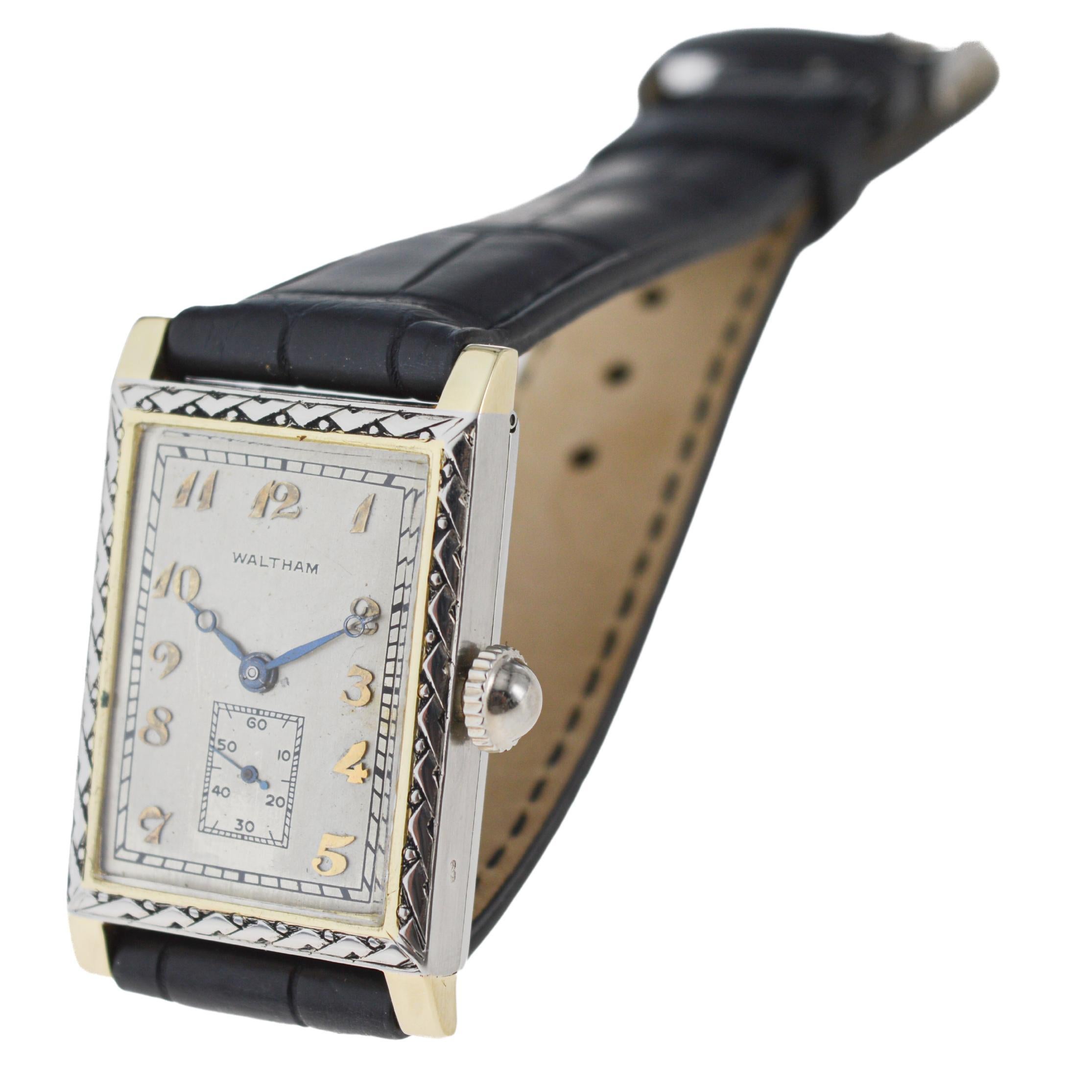 Waltham Two Tone 14Kt. Solid Gold Rectangle Art Deco Watch circa 1927 For Sale 4