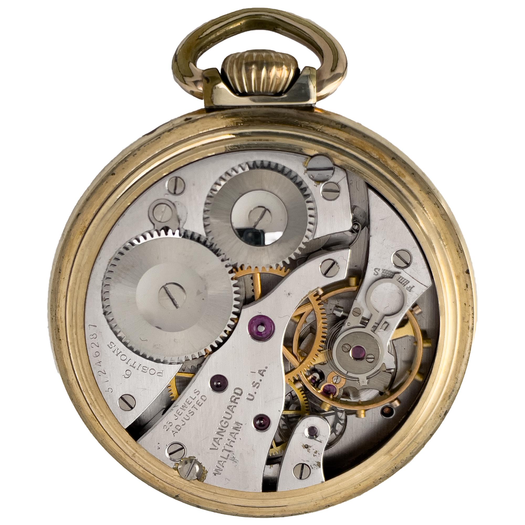Waltham Vanguard Taschenuhr mit Goldfüllung. Uhrwerk mit manuellem Aufzug und 23 Juwelen, in 6 Positionen einstellbar. Größe 16/50 mm Gehäusegröße. Fall signiert 