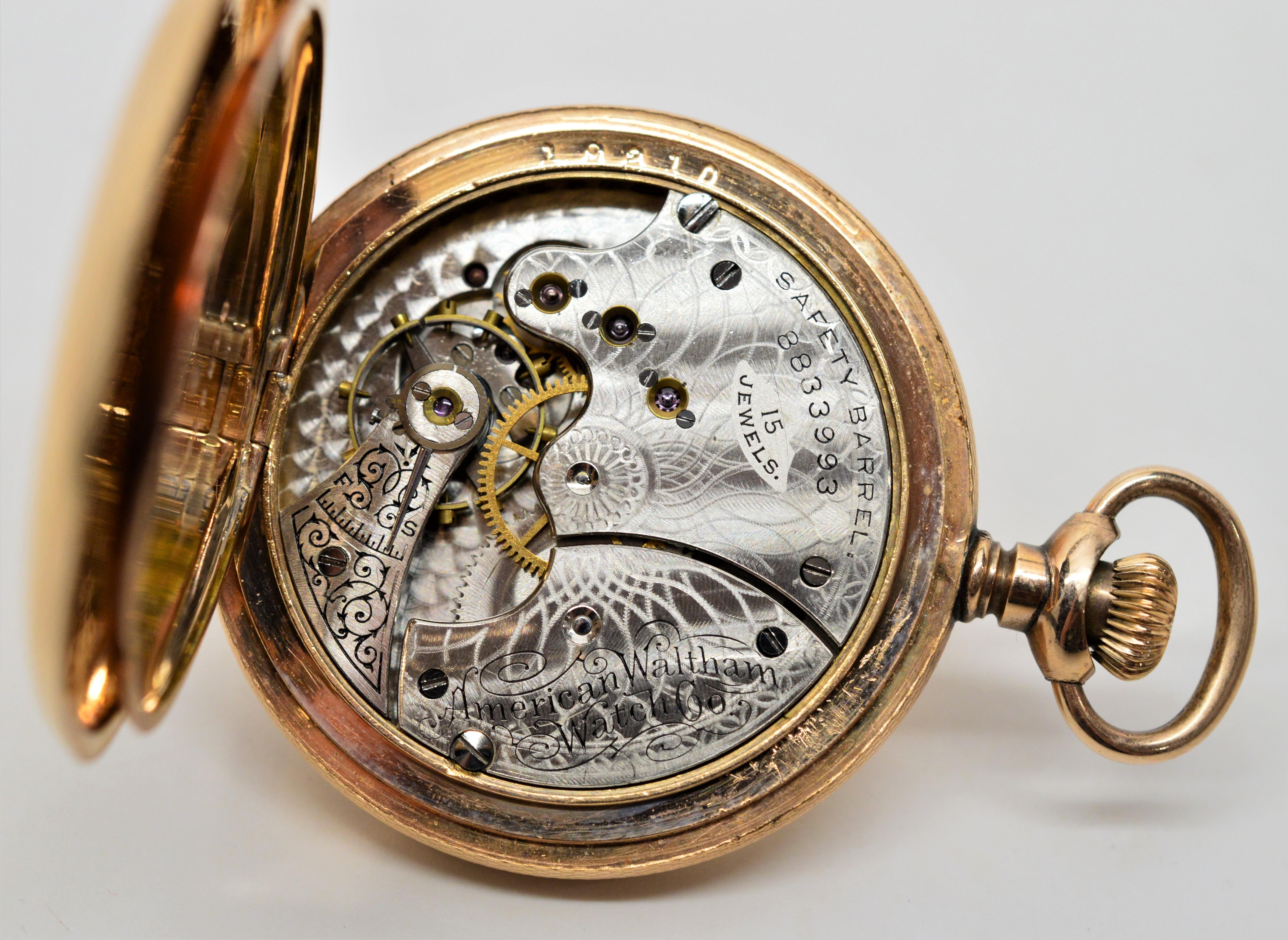 Circa 1898, fourteen carat yellow gold Waltham Watch Co. Seaside Pocket Watch model 1890, in size 6S with acid etched fancy 15 jeweled movement. 
Hunting case by J. Bossi #2619218. Measures 41.6 mm. Serial #8833993. Working and in mint condition.