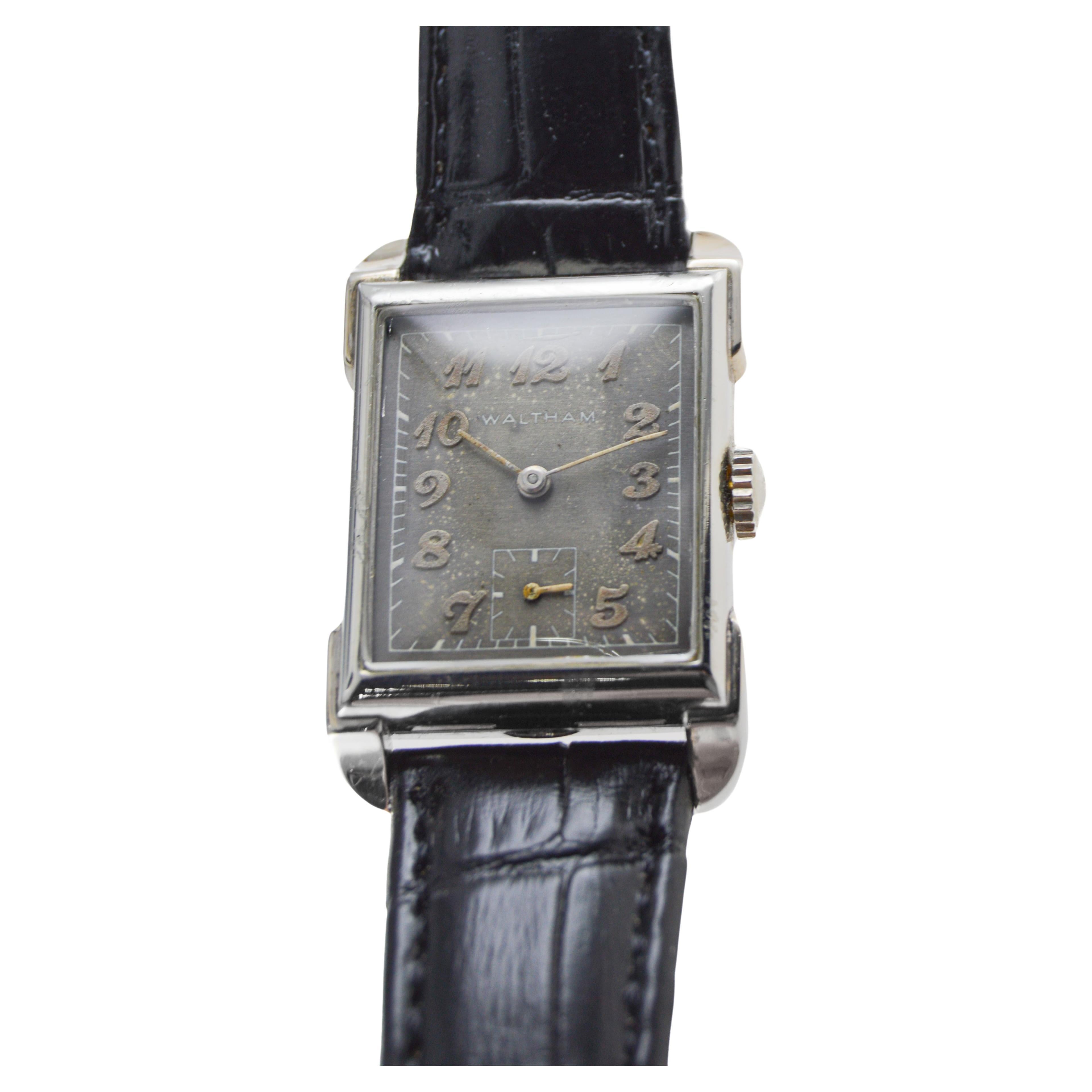 Waltham White Gold Filled Art Deco Tank Style Watch American Made 1940's In Excellent Condition For Sale In Long Beach, CA