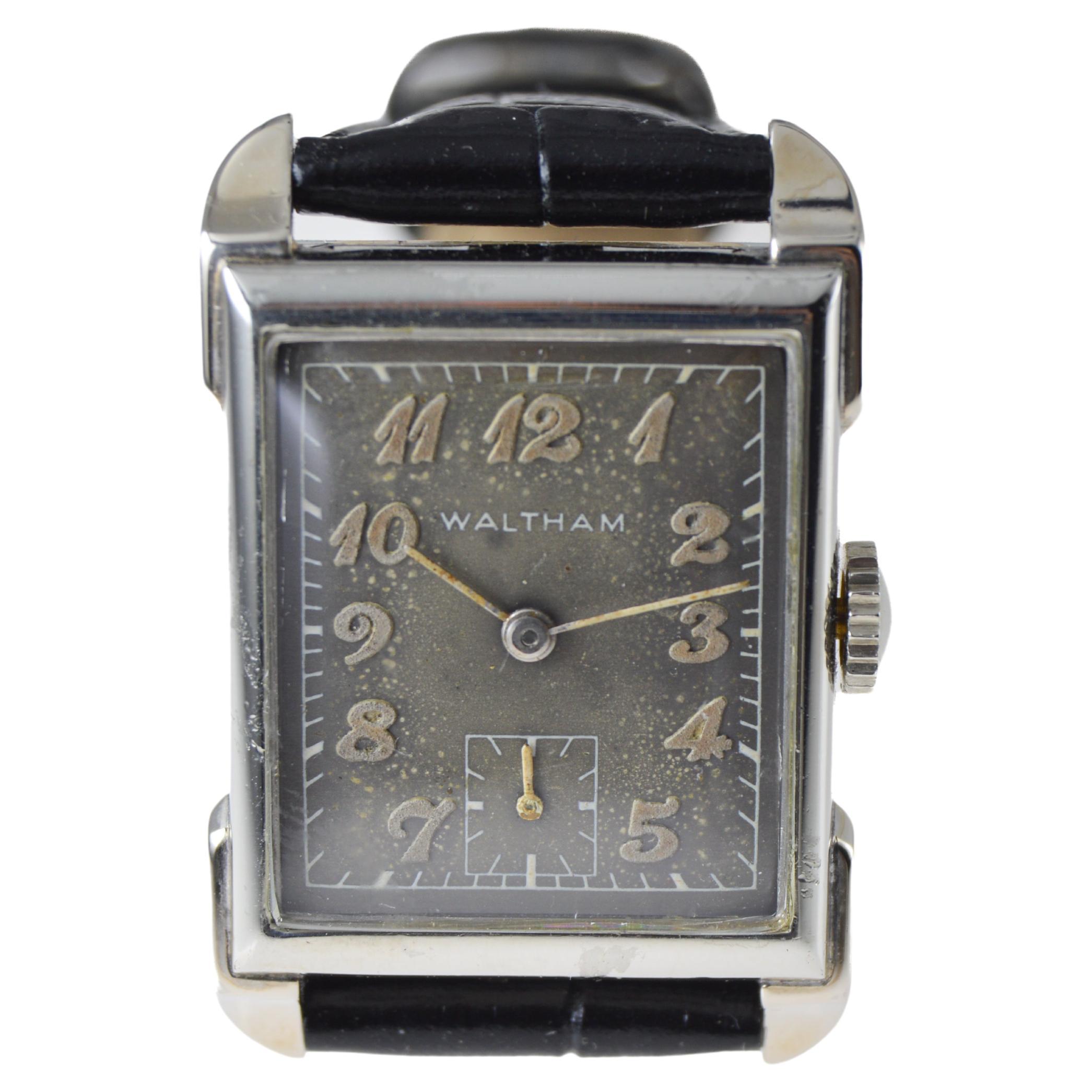 Women's or Men's Waltham White Gold Filled Art Deco Tank Style Watch American Made 1940's For Sale