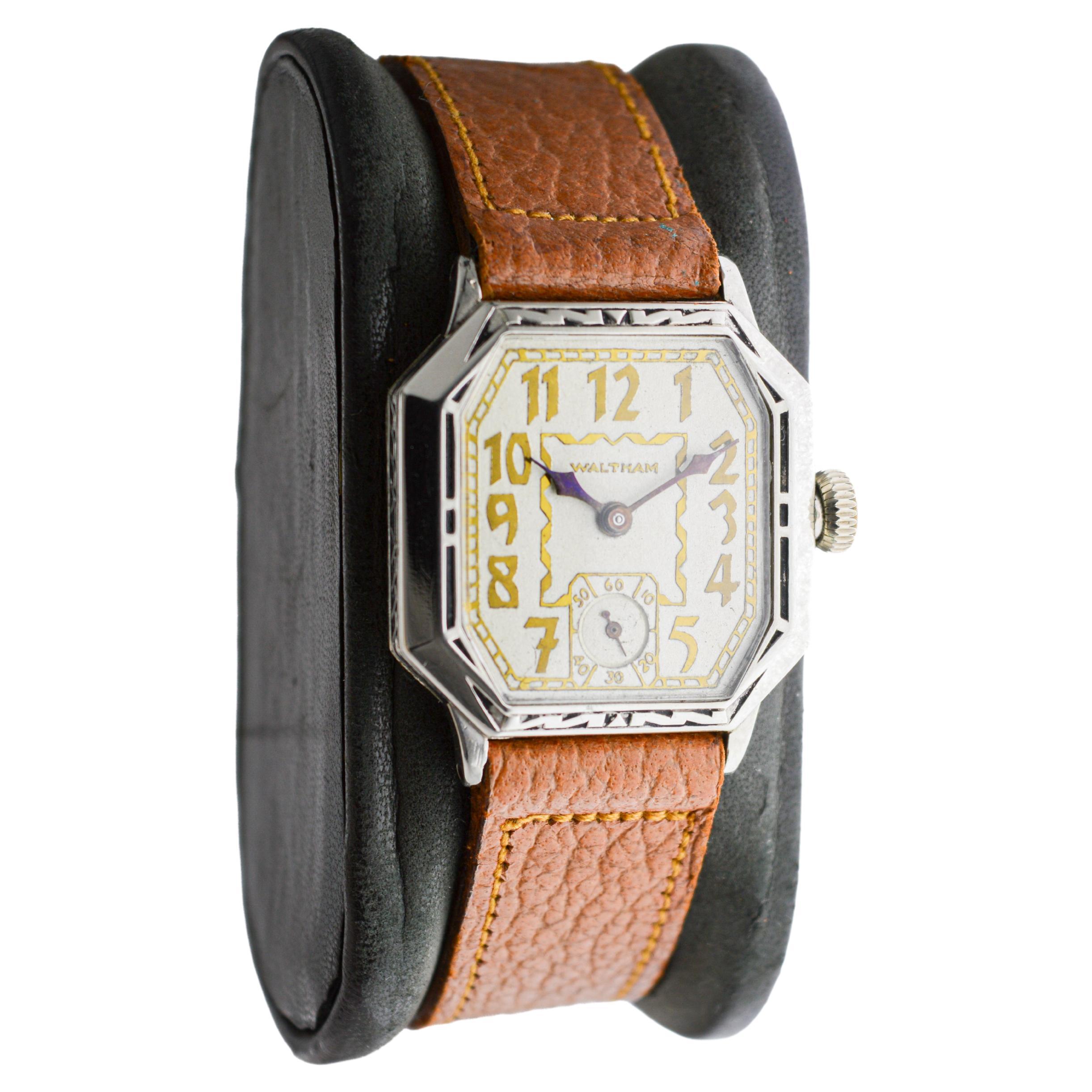 FACTORY / HOUSE: Waltham Watch Company
STYLE / REFERENCE: Art Deco / Octagon
METAL / MATERIAL: White Gold Filled
CIRCA / YEAR: 1926
DIMENSIONS / SIZE: Length 27mm X Width 33mm
MOVEMENT / CALIBER: Manual Winding / 15 Jewels / Caliber 6/0 Size
DIAL /