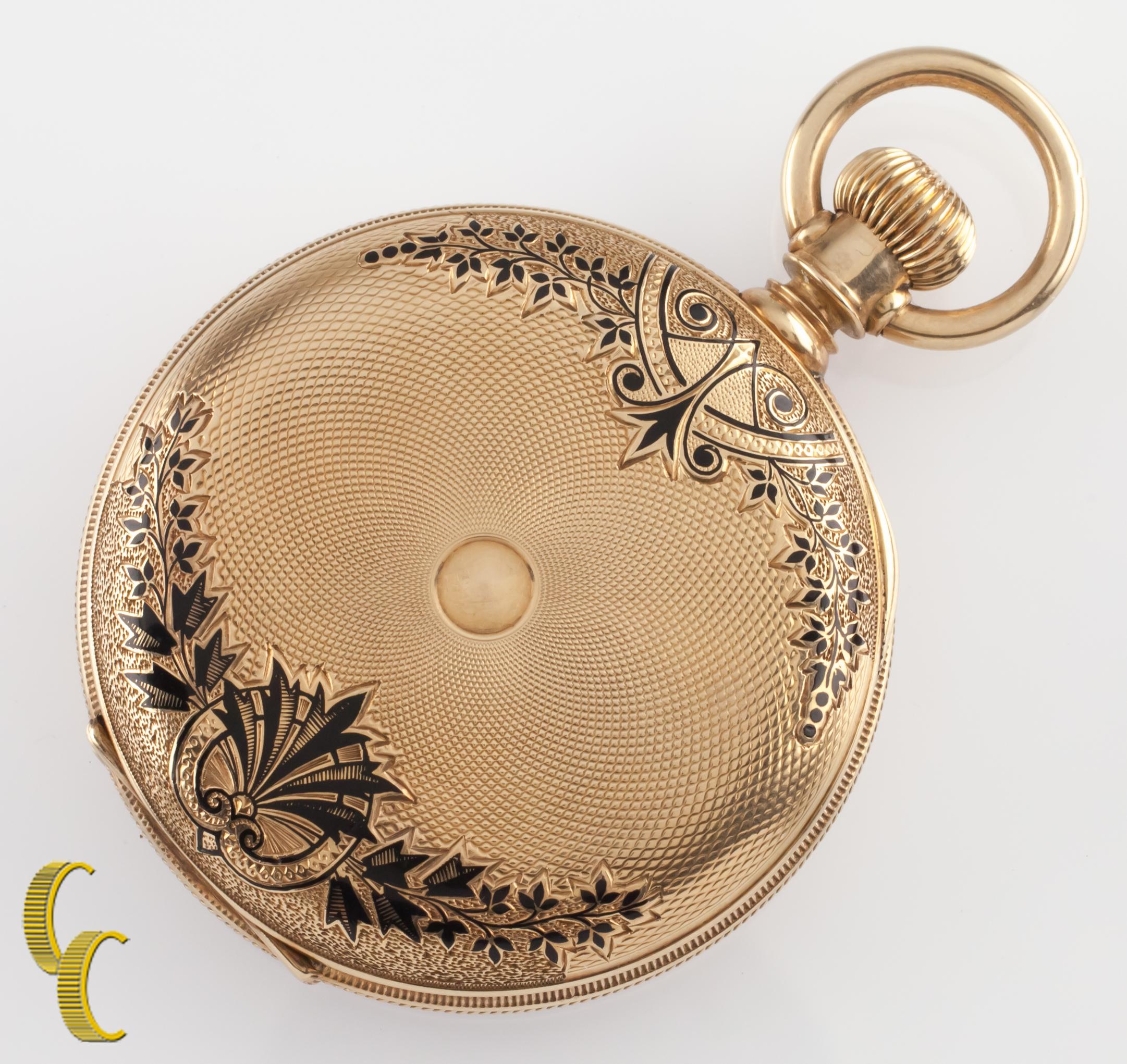 Beautiful Antique Waltham Pocket Watch w/ White Dial Including Blue Hands & Dedicated Second Dial
14 Yellow Gold Case w/ Intricate Black Enamel Etched Design & Black Lacquer on Case
Black Roman Numerals
Case Serial #E5937
7-Jewel Waltham Movement