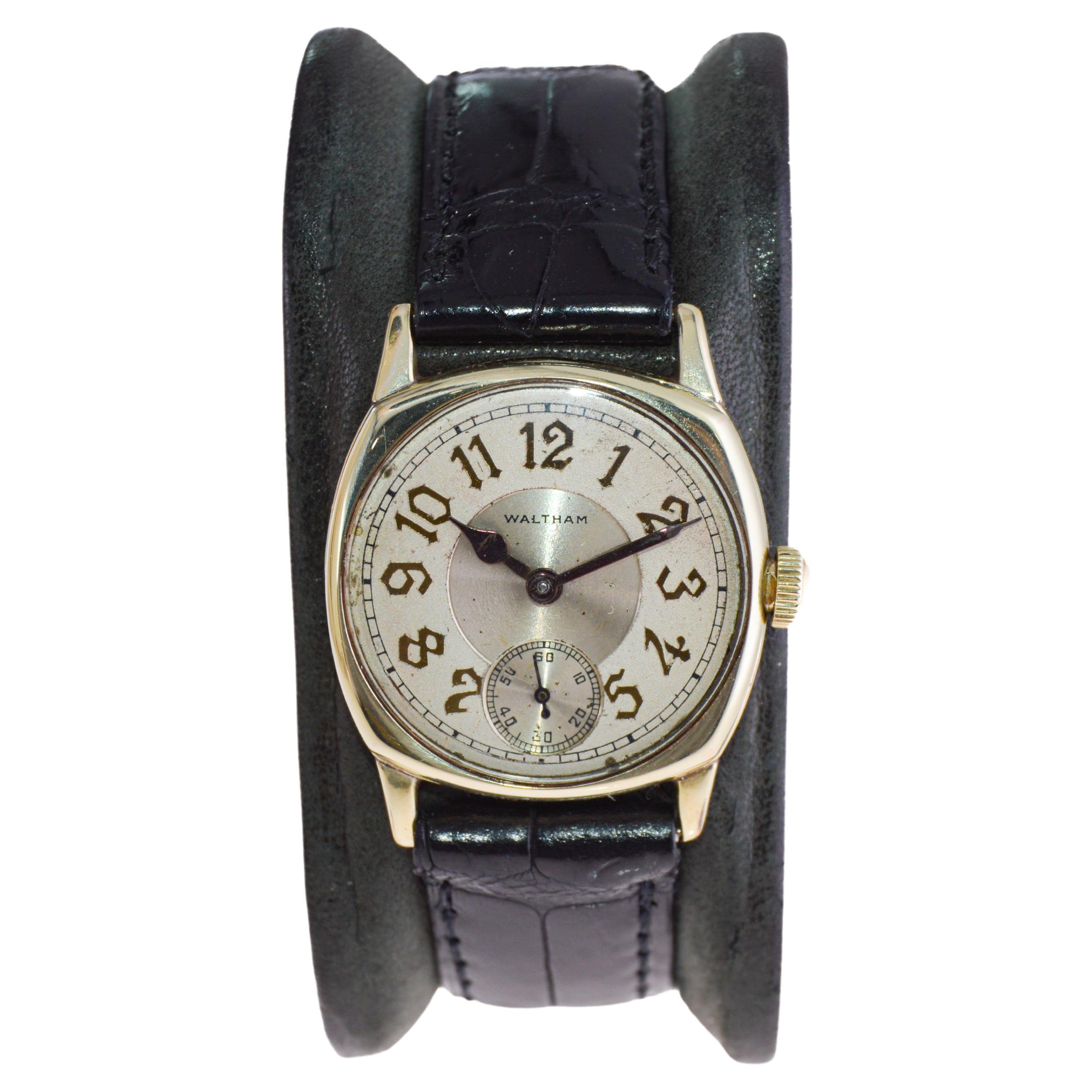 Waltham Yellow Gold Filled Art Deco Cushion Shaped Watch from 1926 For Sale