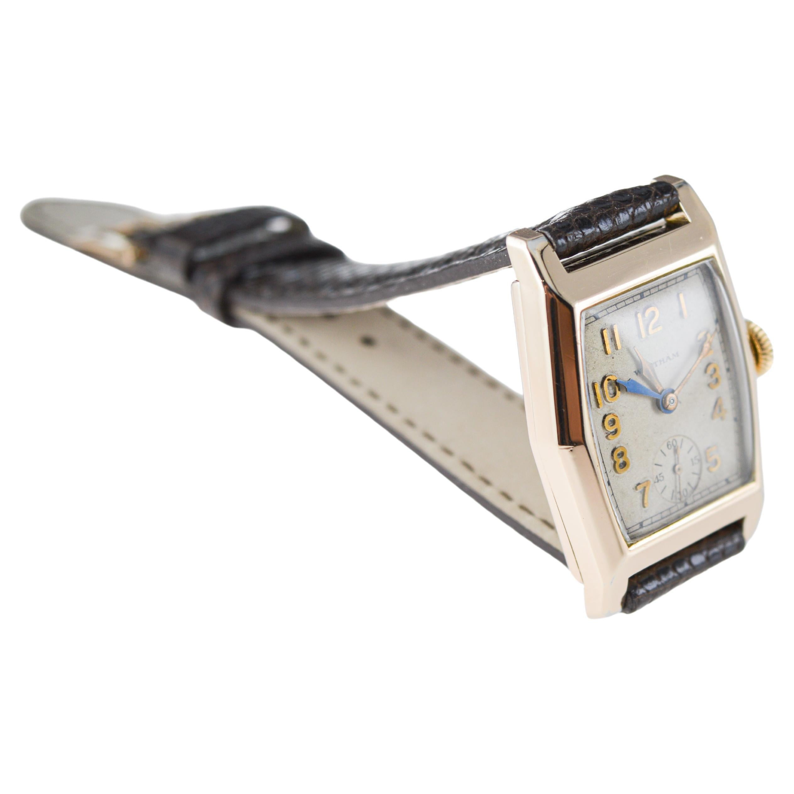 Waltham Yellow Gold Filled Art Deco Dual Time Watch with Original Dial and Strap (Montre à double fuseau horaire avec cadran et bracelet d'origine) 6