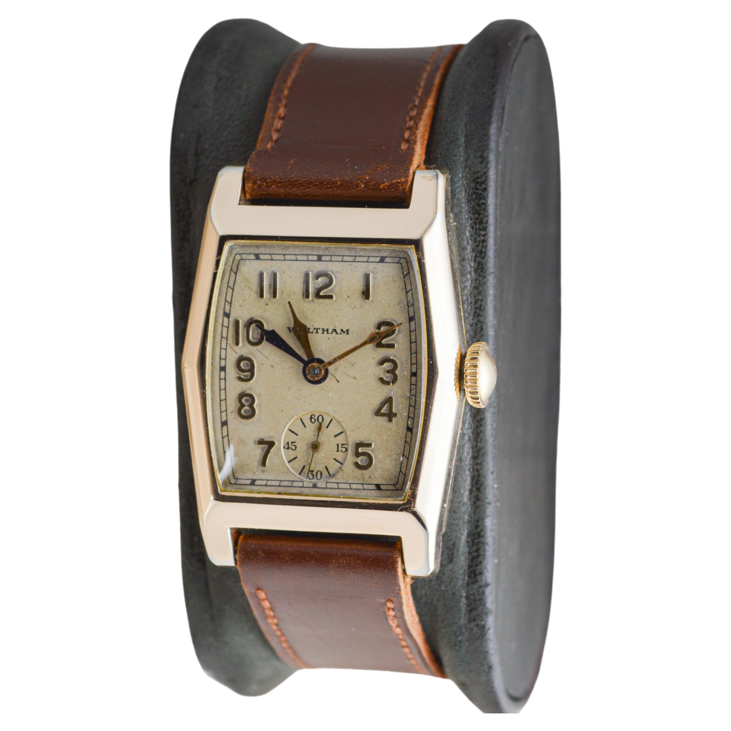 Women's or Men's Waltham Yellow Gold Filled Art Deco Dual Time Watch with Original Dial and Strap