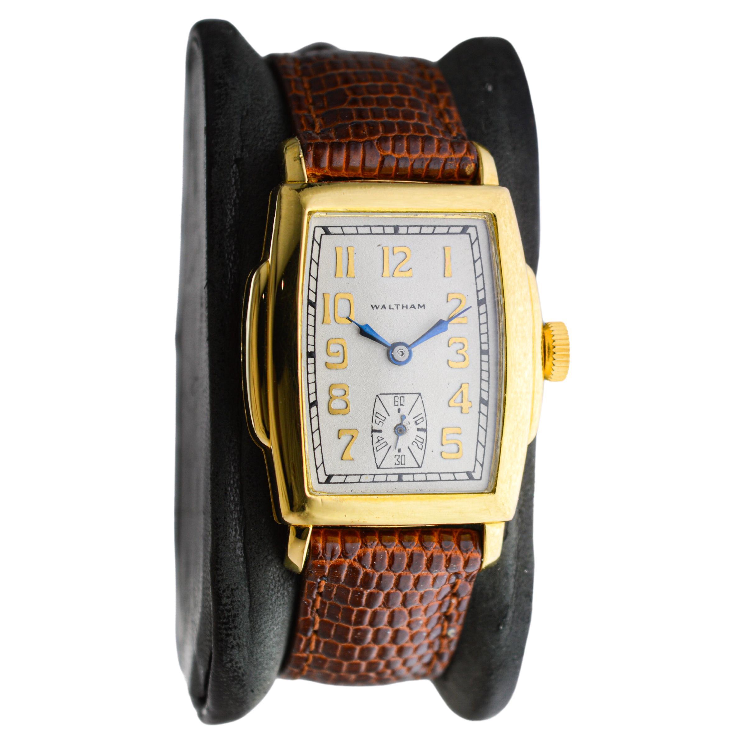 Women's or Men's Waltham Yellow Gold Filled Art Deco Tonneau Shaped Watch Original Dial 1920's For Sale