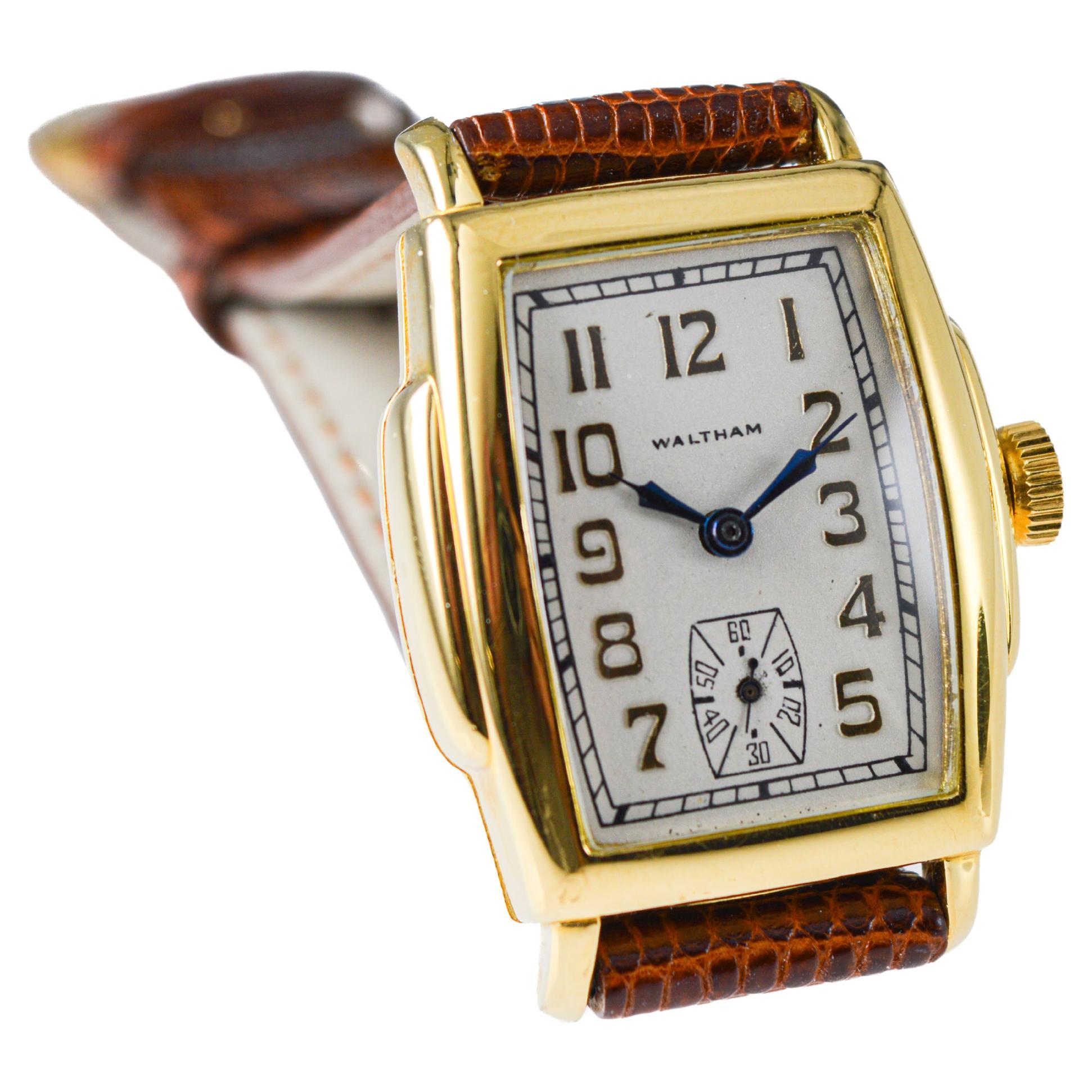 Waltham Yellow Gold Filled Art Deco Tonneau Shaped Watch Original Dial 1920's For Sale 3