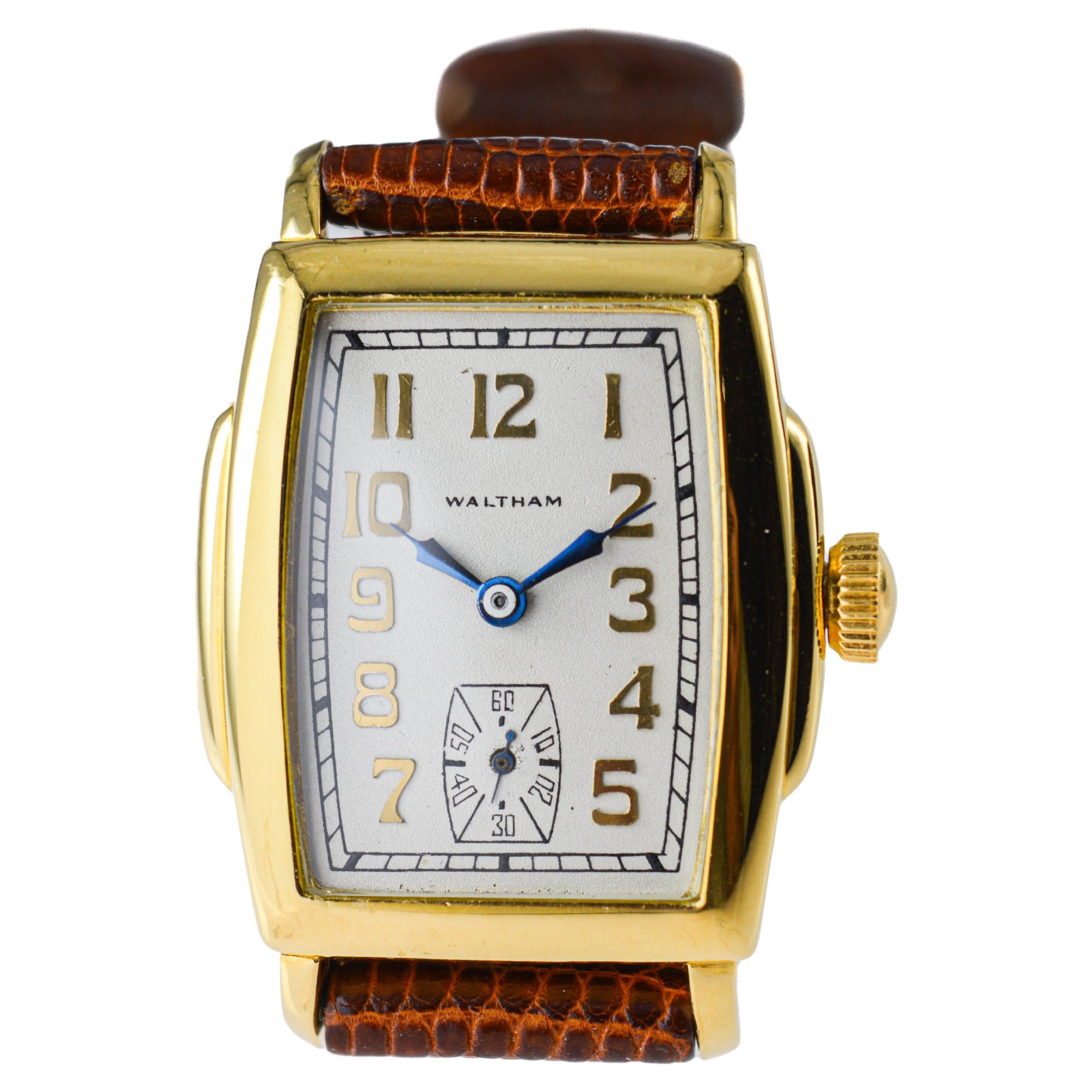 Waltham Yellow Gold Filled Art Deco Tonneau Shaped Watch Original Dial 1920's For Sale 4