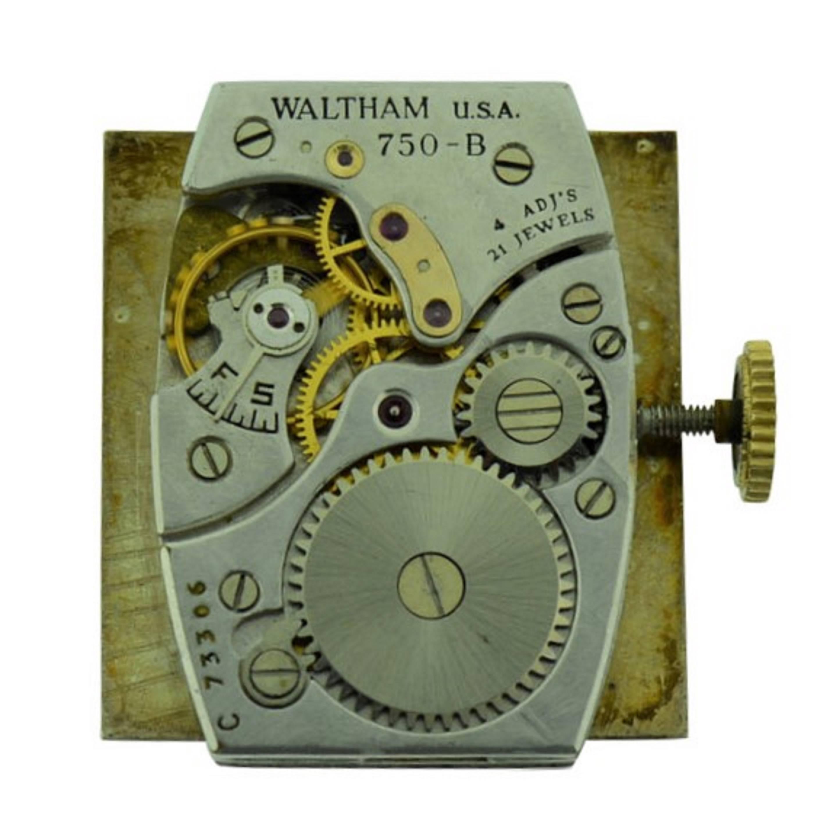 Women's or Men's Waltham Yellow Gold Filled Deco Tank Style Watch with Original Patinated Dial