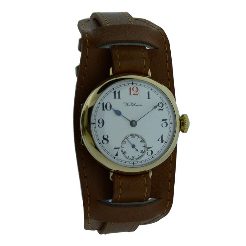 FACTORY / HOUSE: Waltham Watch Company 
STYLE / REFERENCE:  Riverside Maximus
METAL / MATERIAL: Yellow Gold Filled
CIRCA: 1905
DIMENSIONS: 37mm X 33mm
MOVEMENT / CALIBER: Winding / 19 Jewels 
DIAL / HANDS: Kiln Fired Enamel with Military Numerals /