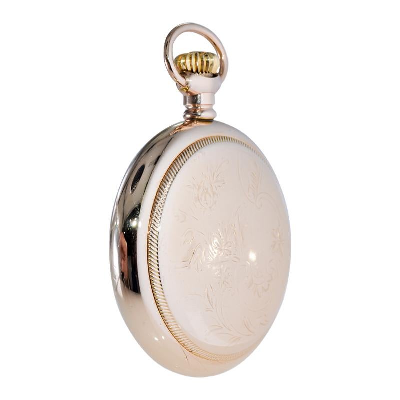 Waltham Yellow Gold Filled Open Faced 18 Size Pocket Watch with Flawless Dial  For Sale 3