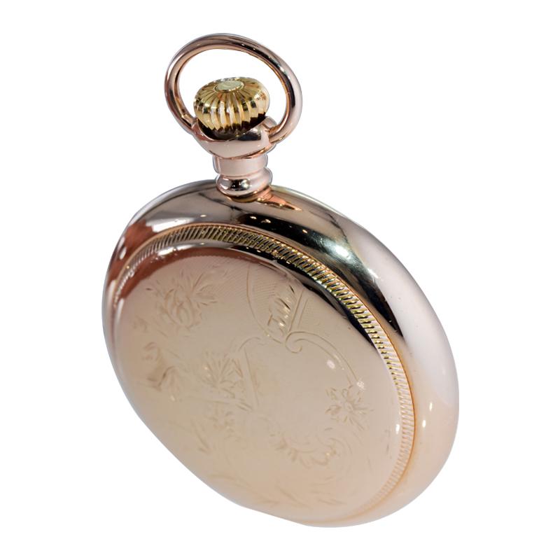 Waltham Yellow Gold Filled Open Faced 18 Size Pocket Watch with Flawless Dial  For Sale 4
