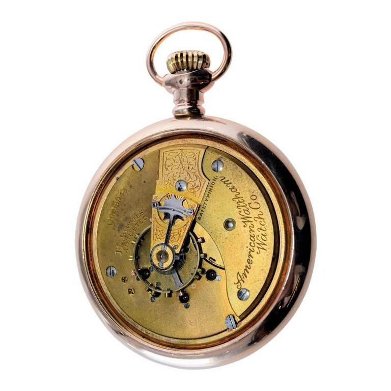 Waltham Yellow Gold Filled Open Faced 18 Size Pocket Watch with Flawless Dial  For Sale 5