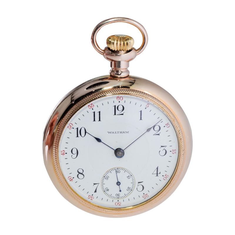 Waltham Yellow Gold Filled Open Faced 18 Size Pocket Watch with Flawless Dial  In Excellent Condition For Sale In Long Beach, CA