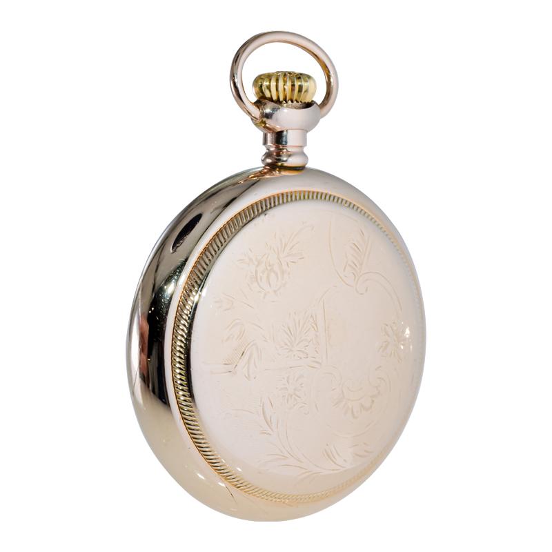 Waltham Yellow Gold Filled Open Faced 18 Size Pocket Watch with Flawless Dial  For Sale 1