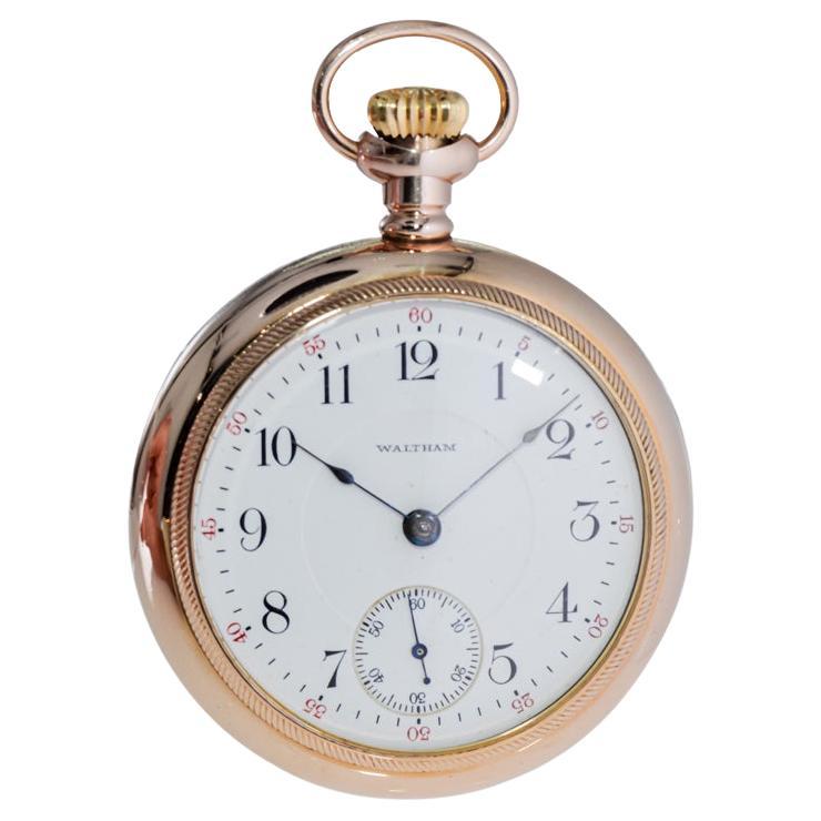 Waltham Yellow Gold Filled Open Faced 18 Size Pocket Watch with Flawless Dial  For Sale