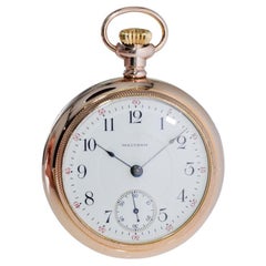 Antique Waltham Yellow Gold Filled Open Faced 18 Size Pocket Watch with Flawless Dial 