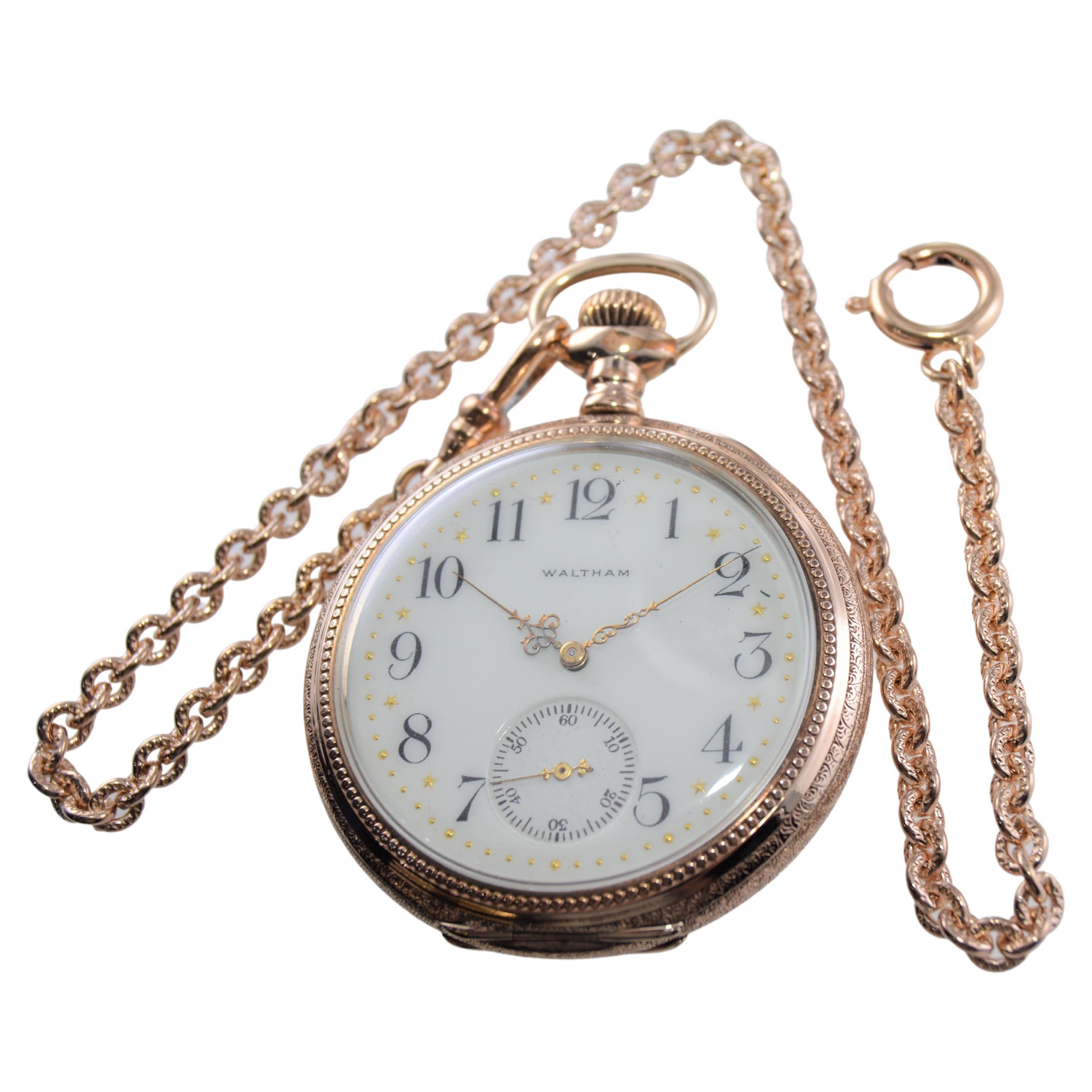 Waltham Yellow Gold Filled Open Faced Pocket Watch with Enamel Dial from 1897 For Sale
