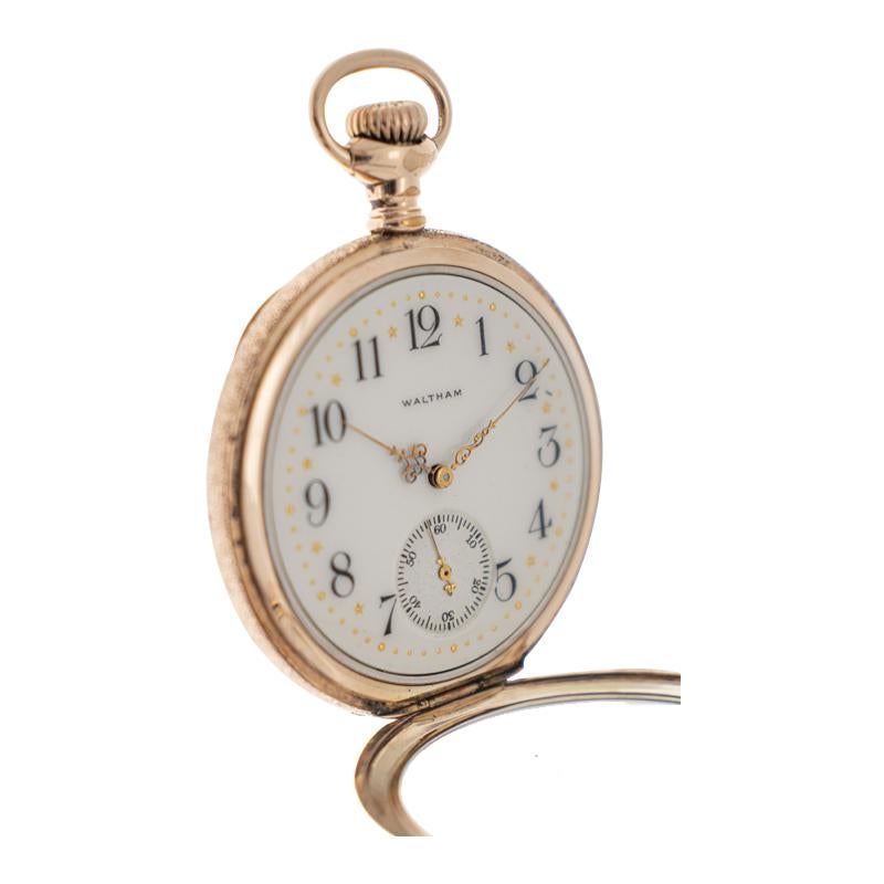 Art Nouveau Waltham Yellow Gold Filled Open Faced Pocket Watch with Enamel Dial from 1897 For Sale