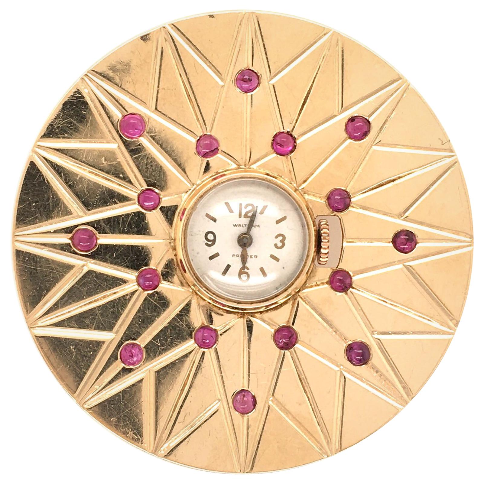 Waltman Yellow Gold and Ruby Watch Brooch For Sale