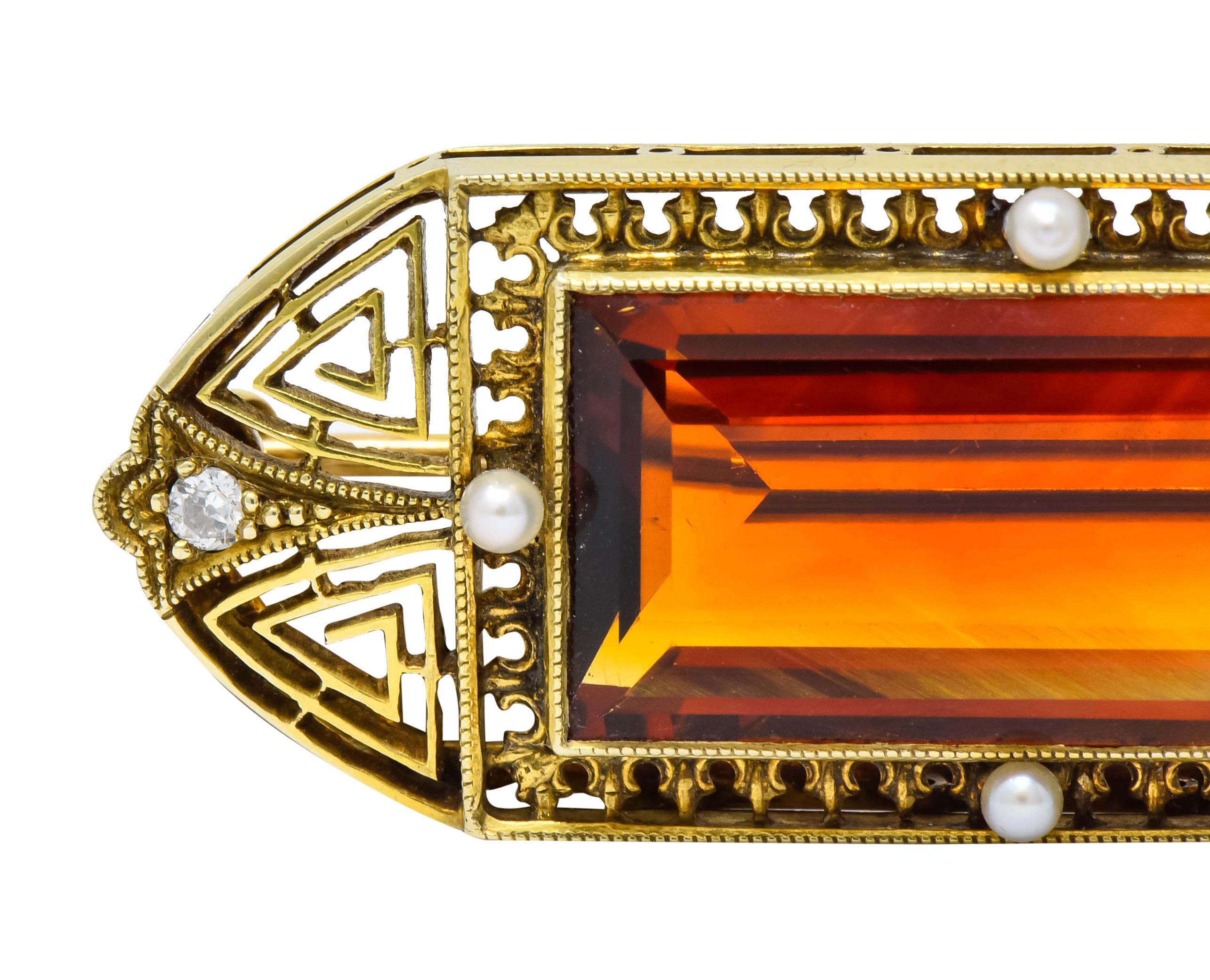 Women's or Men's Walton & Co. Art Deco 10.46 Carat Citrine Pearl Diamond 14 Karat Gold Brooch