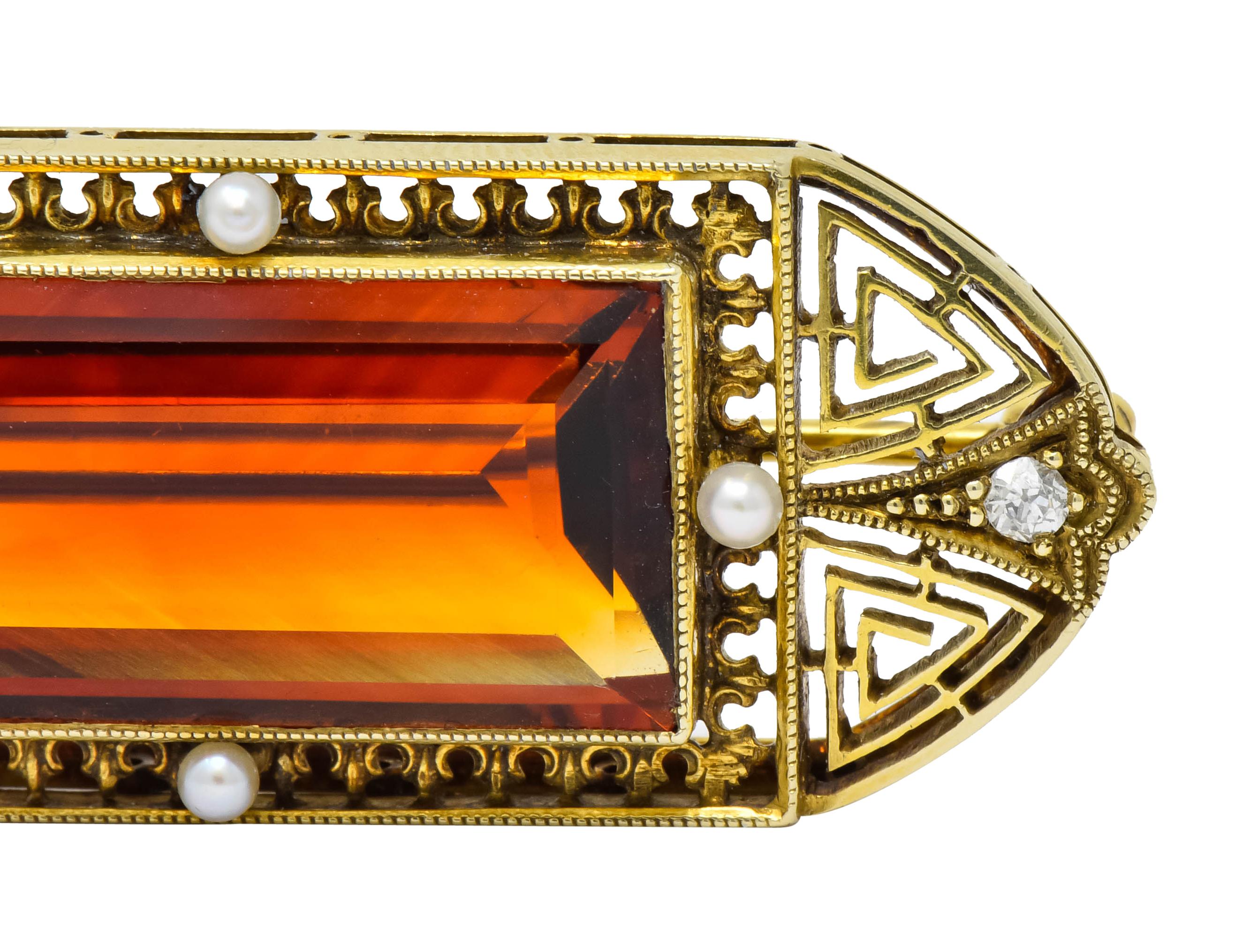 Walton & Co. Art Deco 10.46 Carat Citrine Pearl Diamond 14 Karat Gold Brooch 1
