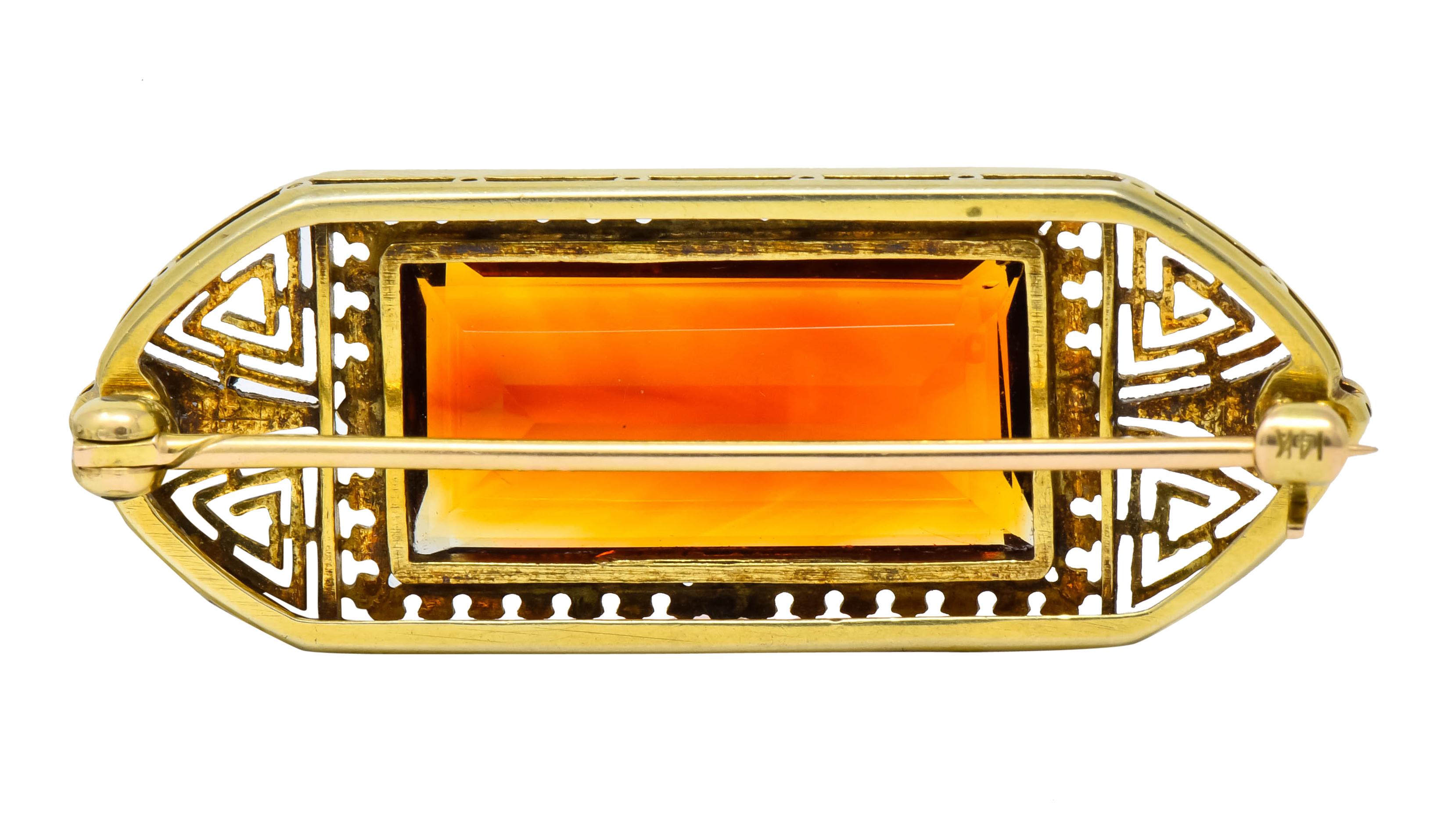 Walton & Co. Art Deco 10.46 Carat Citrine Pearl Diamond 14 Karat Gold Brooch 2