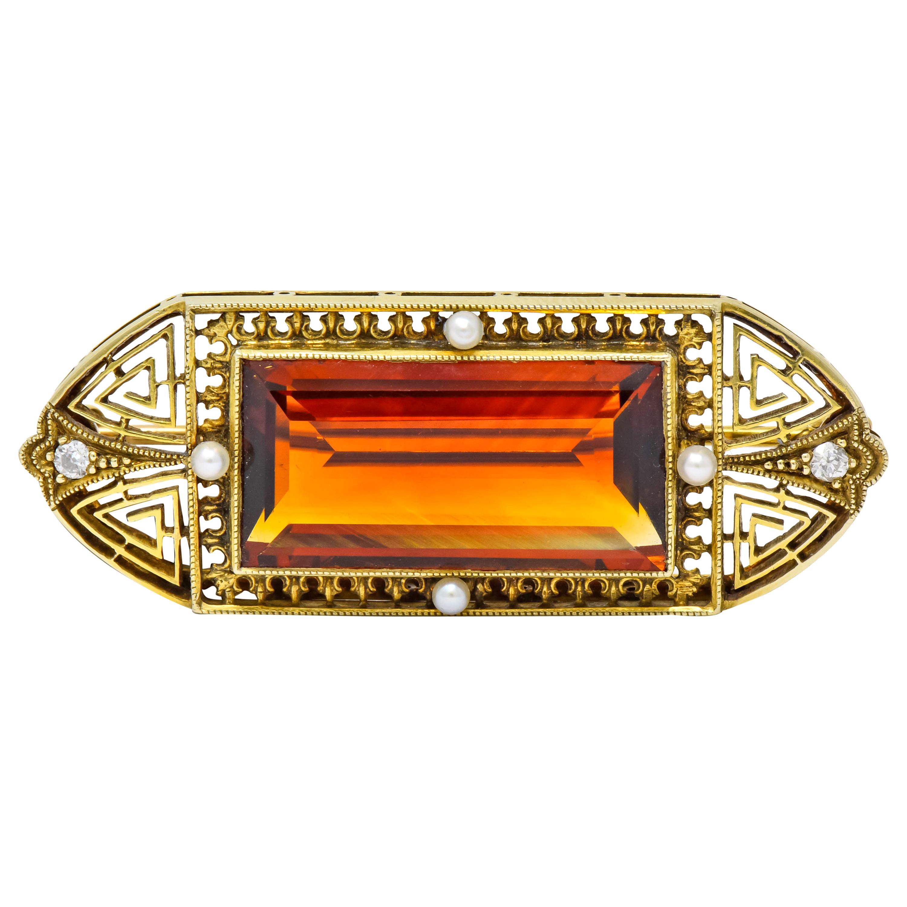Walton & Co. Art Deco 10.46 Carat Citrine Pearl Diamond 14 Karat Gold Brooch