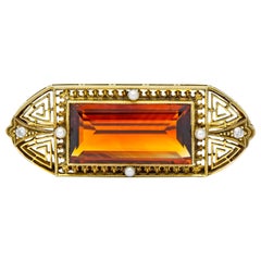 Antique Walton & Co. Art Deco 10.46 Carat Citrine Pearl Diamond 14 Karat Gold Brooch