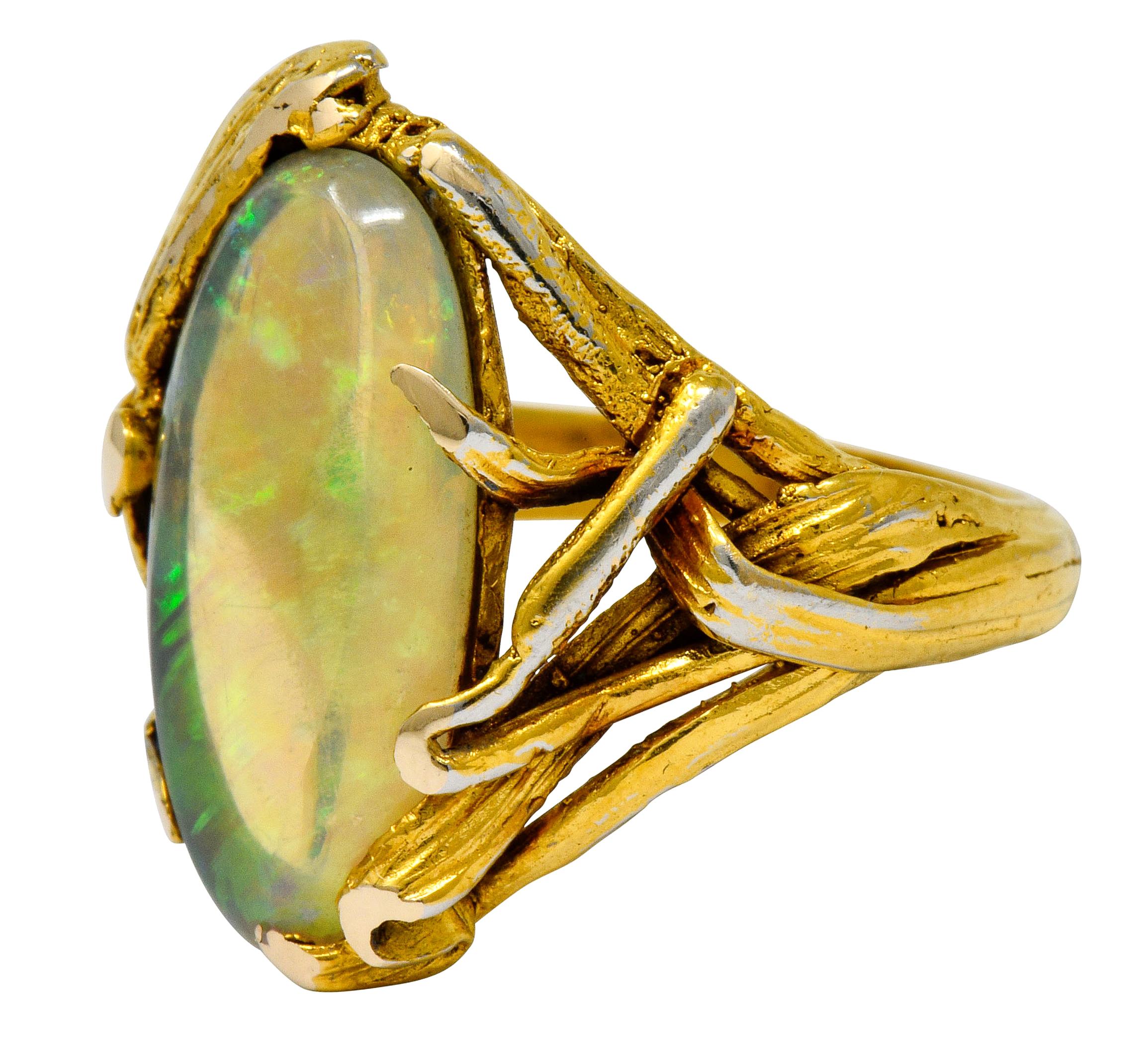Cabochon Walton & Co. Arts & Crafts Opal 14 Karat Gold Dragonfly Ring