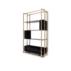Waltz Bookcase in Brass and Wood with Smoked Glass and Black Leather