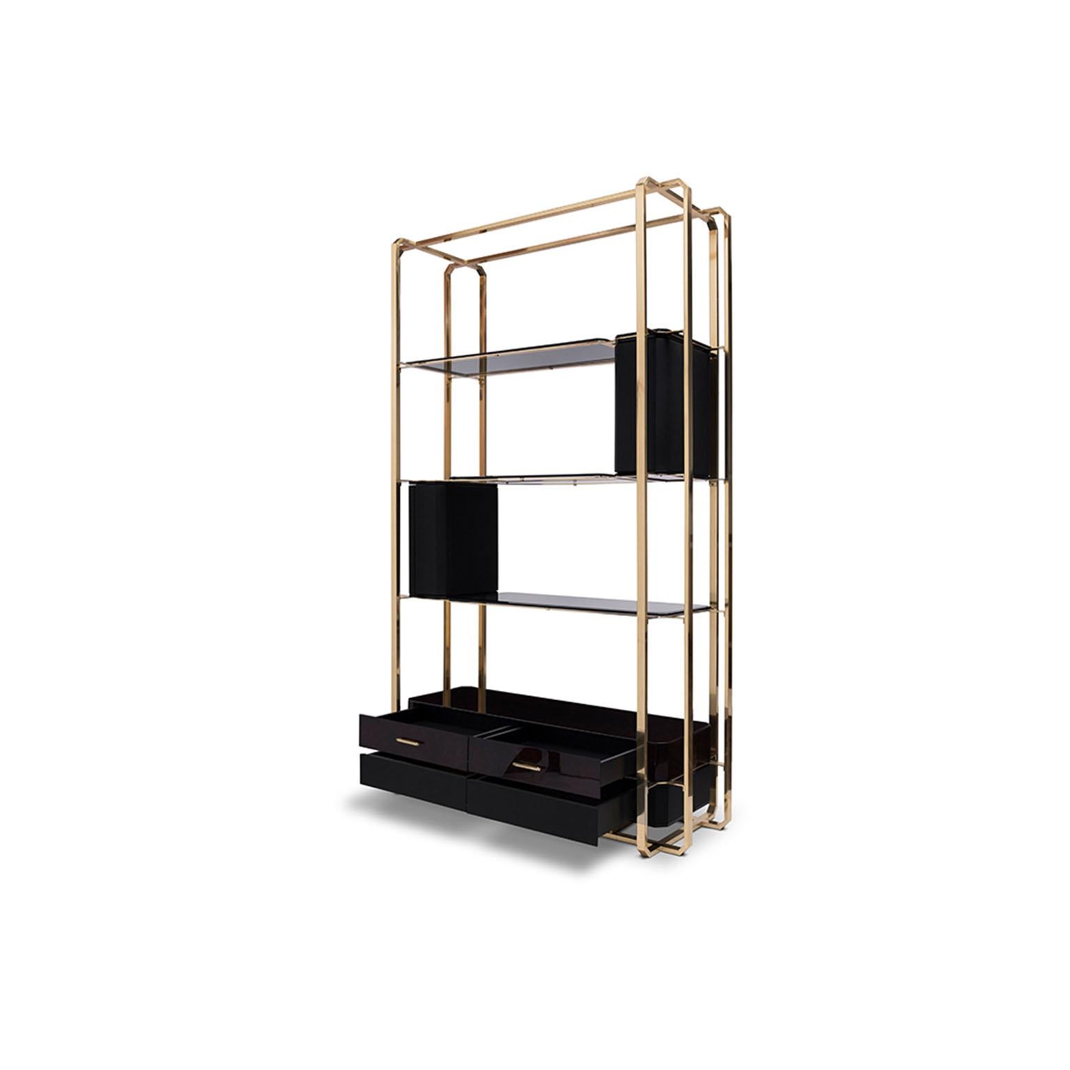 Moderno Libreria Waltz in ottone e Wood con vetro fumè e pelle nera in vendita